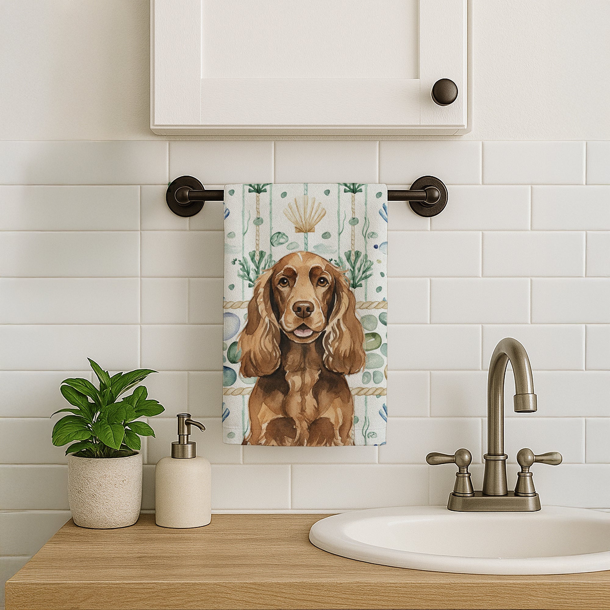 Liver English Cocker Spaniel Coastal Sea Glass Kitchen Towel Velour Plush Front and Cotton Loop Back Machine Washable
