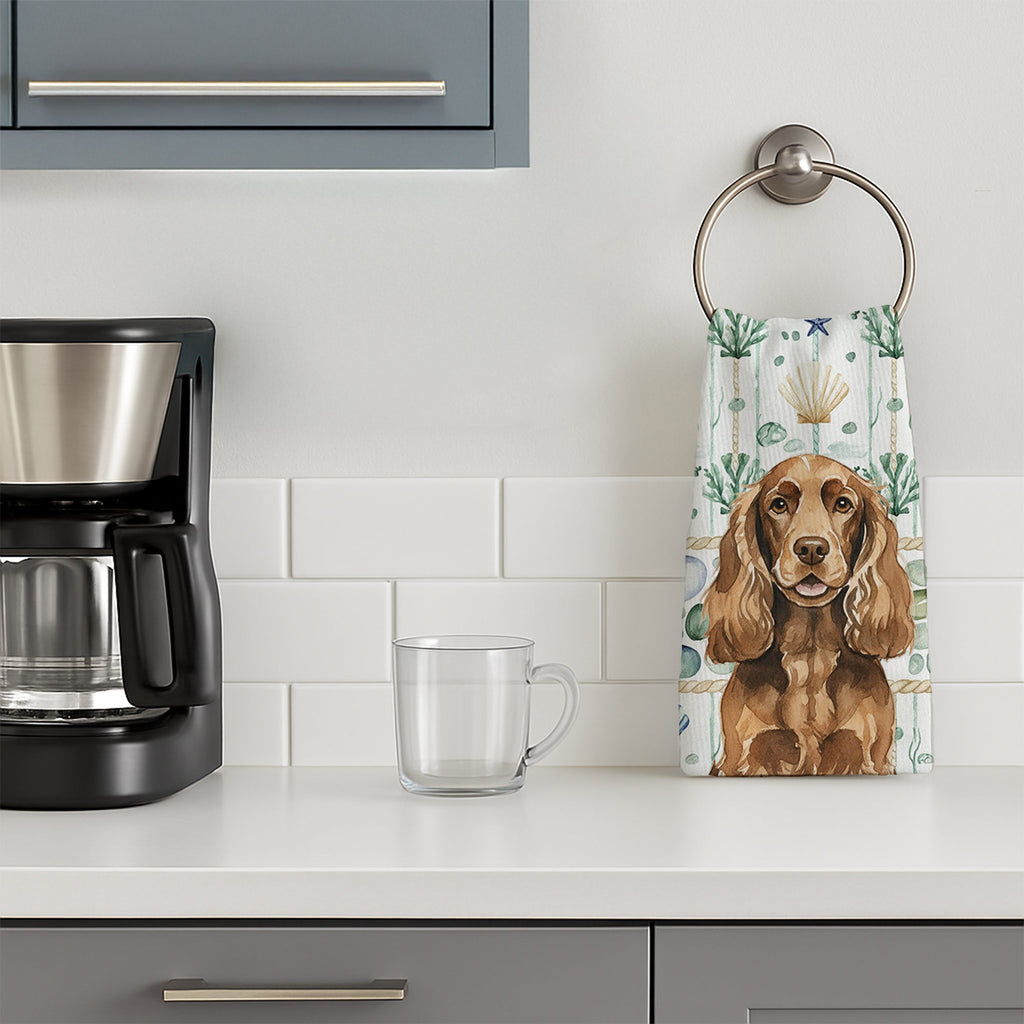 Liver English Cocker Spaniel Coastal Sea Glass Kitchen Towel Velour Plush Front and Cotton Loop Back Machine Washable