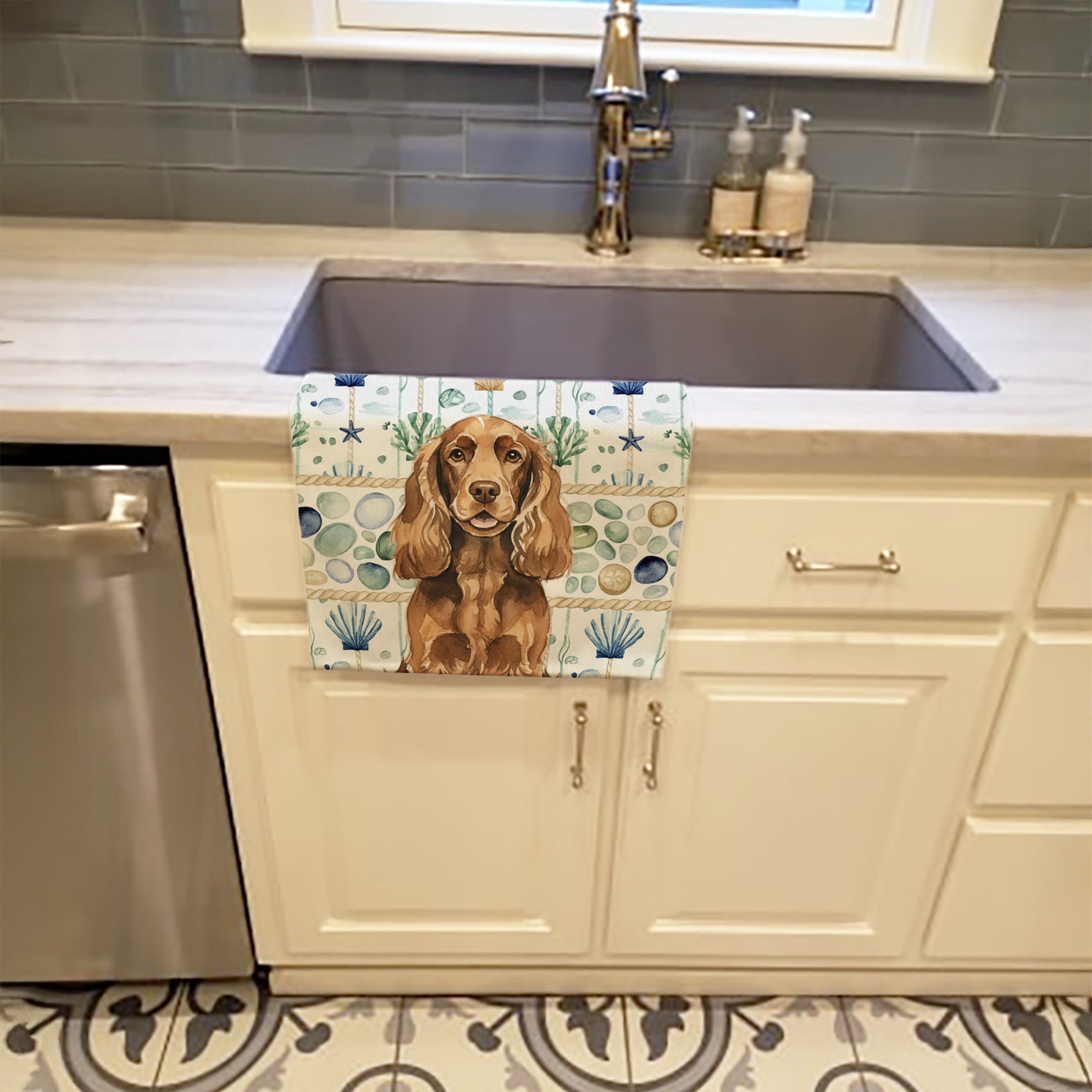 Liver English Cocker Spaniel Coastal Sea Glass Kitchen Towel Velour Plush Front and Cotton Loop Back Machine Washable
