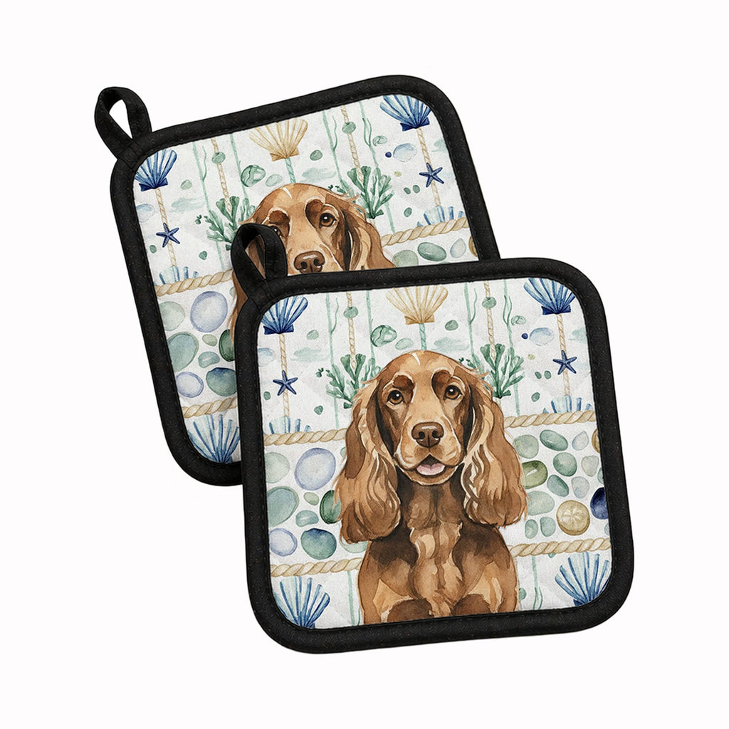 Liver English Cocker Spaniel Coastal Sea Glass Pot Holder Set of 2 Heat Resistant Quilted Hot Pads 7.5 x 7.5 Inch, Insulated Kitchen Trivets for Cooking & Baking