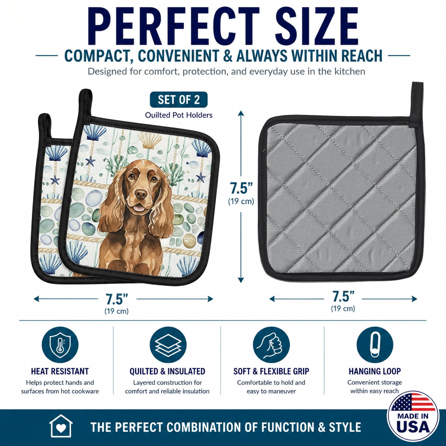 Liver English Cocker Spaniel Coastal Sea Glass Pot Holder Set of 2 Heat Resistant Quilted Hot Pads 7.5 x 7.5 Inch, Insulated Kitchen Trivets for Cooking & Baking