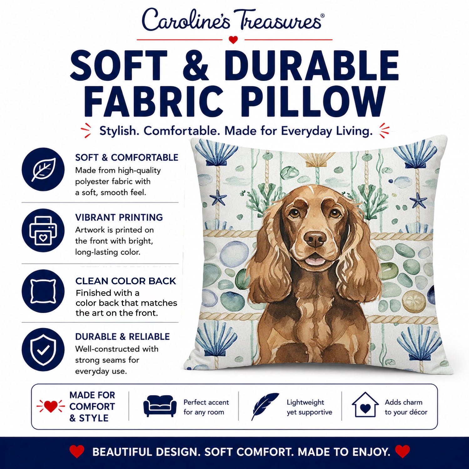Liver English Cocker Spaniel Coastal Sea Glass Decorative Throw Pillow 18x18 Indoor Outdoor Accent Cushion, Fabric Cover with Insert for Sofa, Bed, Porch & Living Room