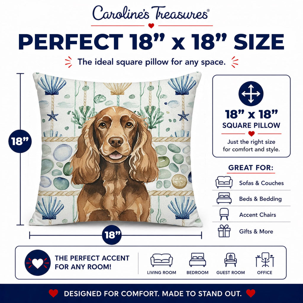 Liver English Cocker Spaniel Coastal Sea Glass Decorative Throw Pillow 18x18 Indoor Outdoor Accent Cushion, Fabric Cover with Insert for Sofa, Bed, Porch & Living Room