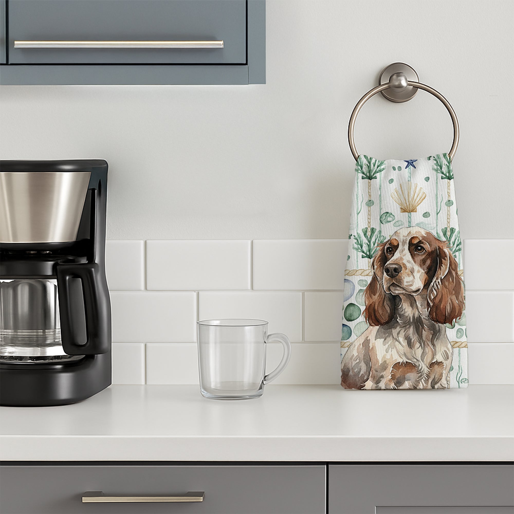 Liver Roan English Cocker Spaniel Coastal Sea Glass Kitchen Towel Velour Plush Front and Cotton Loop Back Machine Washable