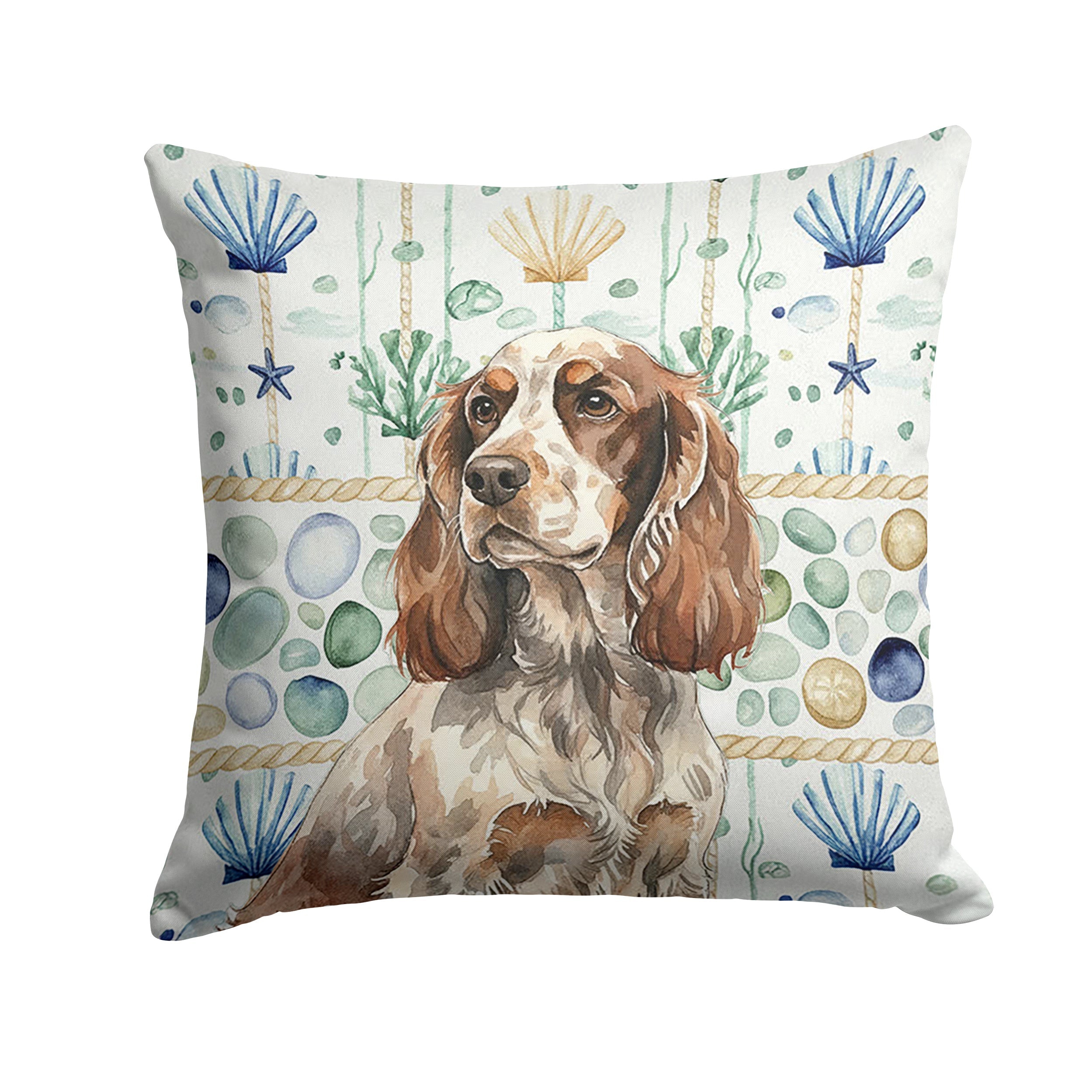 Liver Roan English Cocker Spaniel Coastal Sea Glass Decorative Throw Pillow 14x14 Indoor Outdoor Accent Cushion, Fabric Cover with Insert for Sofa, Bed, Porch & Living Room