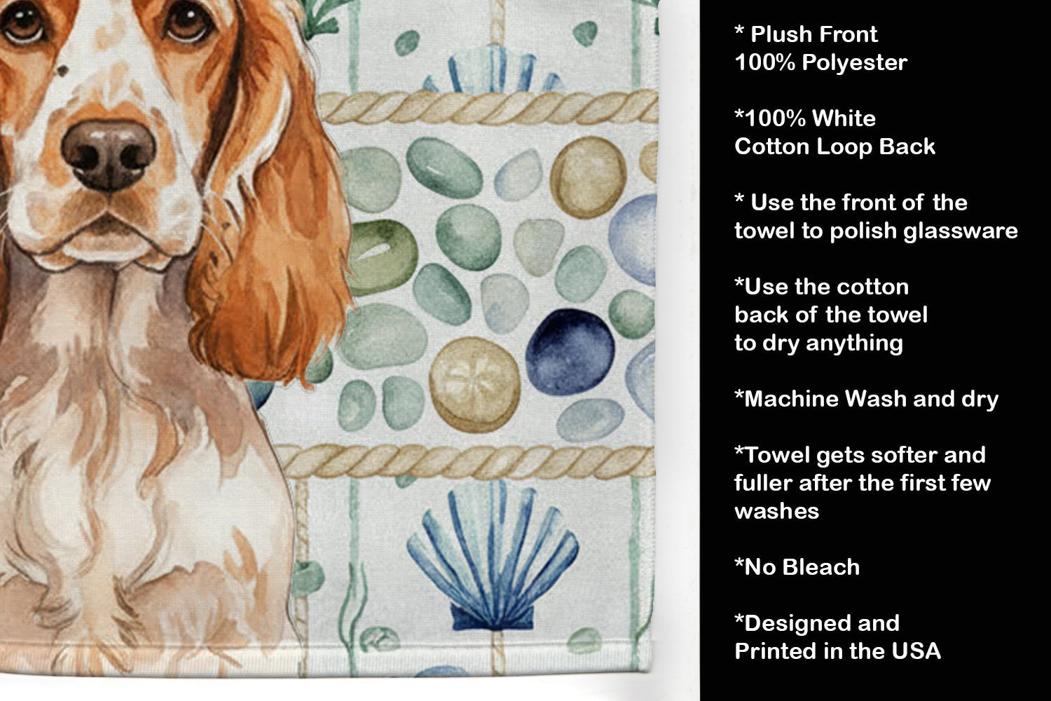 Orange Roan English Cocker Spaniel Coastal Sea Glass Kitchen Towel Velour Plush Front and Cotton Loop Back Machine Washable