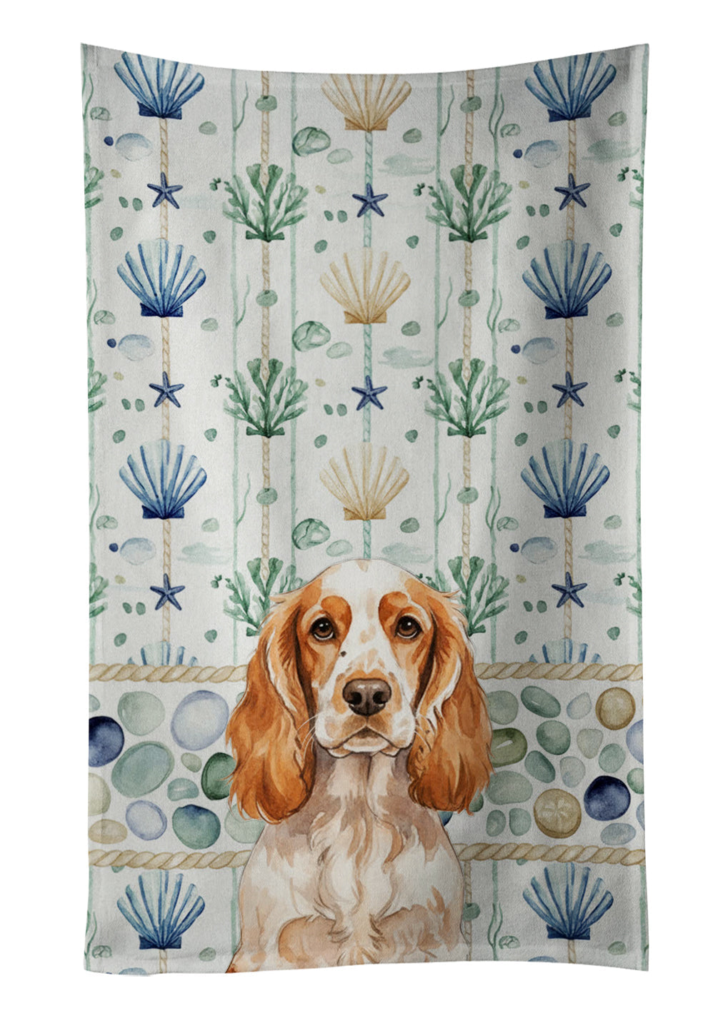 Orange Roan English Cocker Spaniel Coastal Sea Glass Kitchen Towel Velour Plush Front and Cotton Loop Back Machine Washable