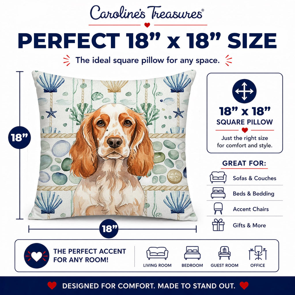 Orange Roan English Cocker Spaniel Coastal Sea Glass Decorative Throw Pillow 18x18 Indoor Outdoor Accent Cushion, Fabric Cover with Insert for Sofa, Bed, Porch & Living Room