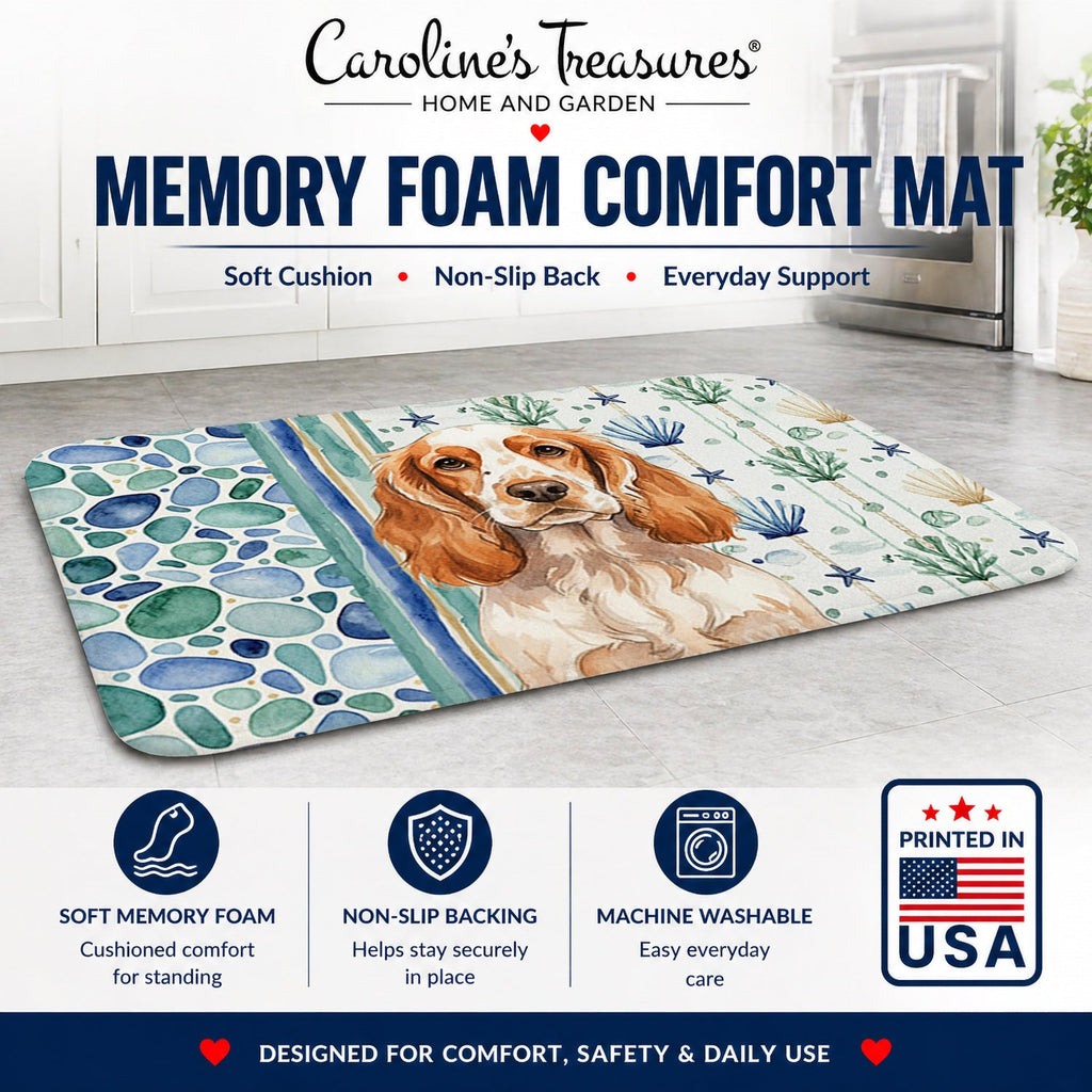Orange Roan English Cocker Spaniel Coastal Sea Glass Memory Foam Kitchen Mat Machine Washable Anti-Fatigue Cushion Comfort Bath or Kitchen Rug