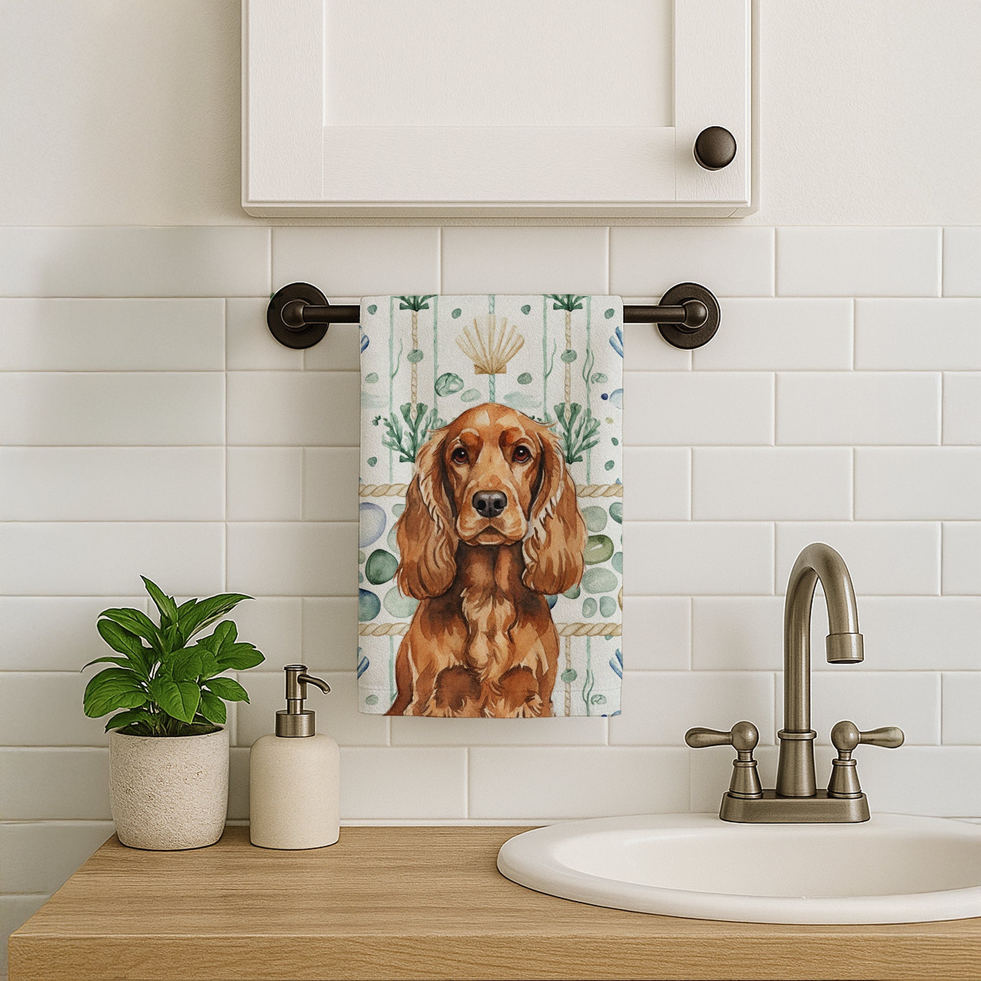 Red English Cocker Spaniel Coastal Sea Glass Kitchen Towel Velour Plush Front and Cotton Loop Back Machine Washable