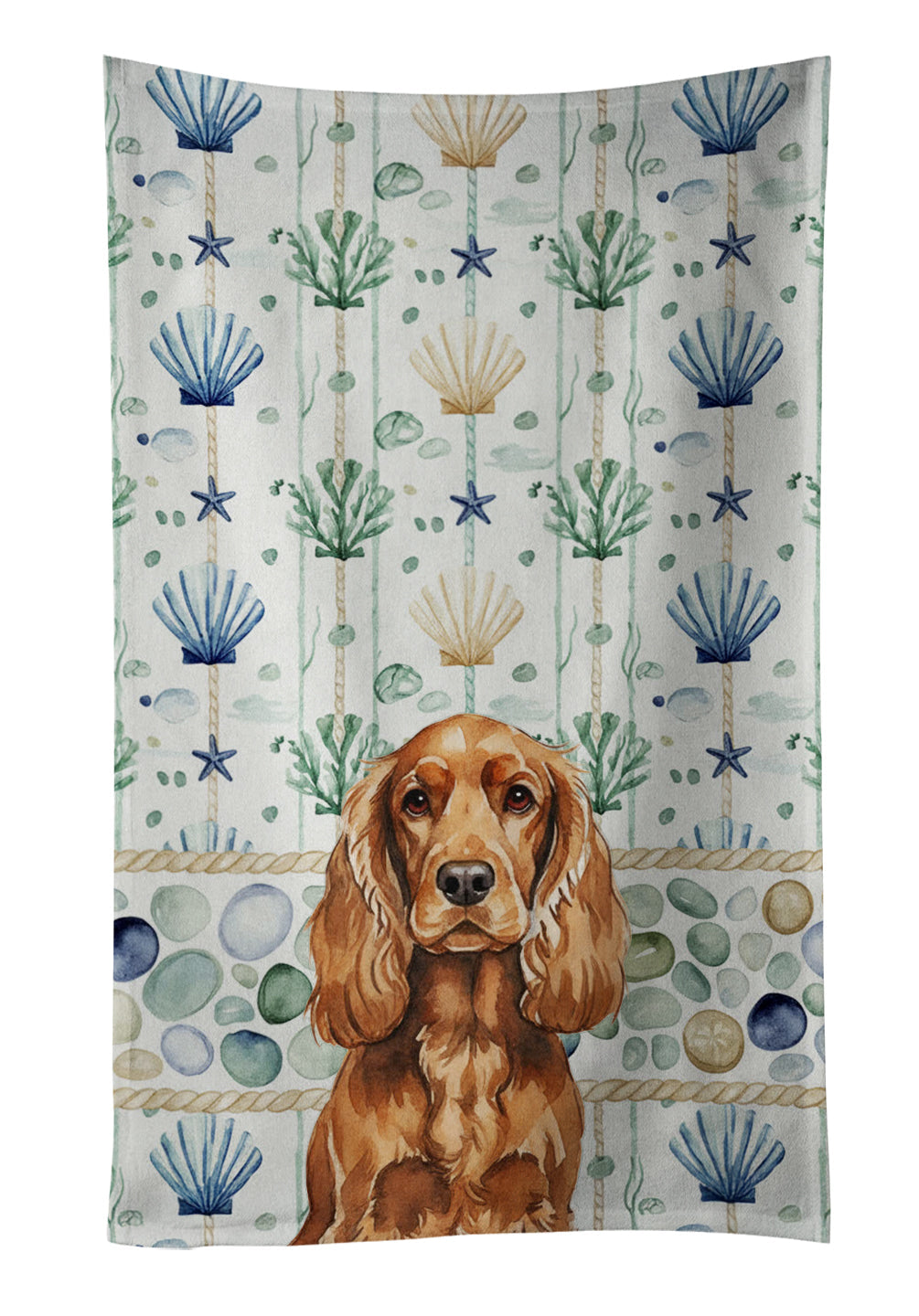 Red English Cocker Spaniel Coastal Sea Glass Kitchen Towel Velour Plush Front and Cotton Loop Back Machine Washable