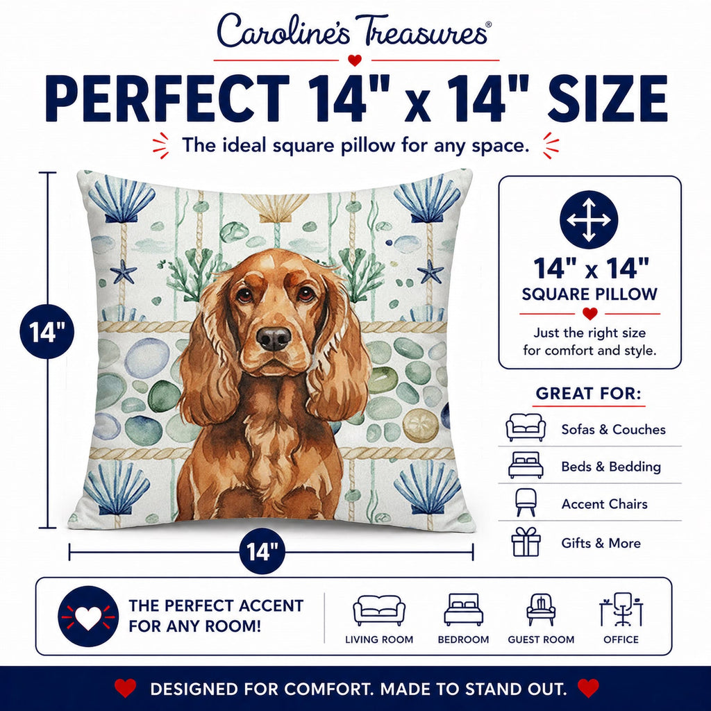 Red English Cocker Spaniel Coastal Sea Glass Decorative Throw Pillow 14x14 Indoor Outdoor Accent Cushion, Fabric Cover with Insert for Sofa, Bed, Porch & Living Room