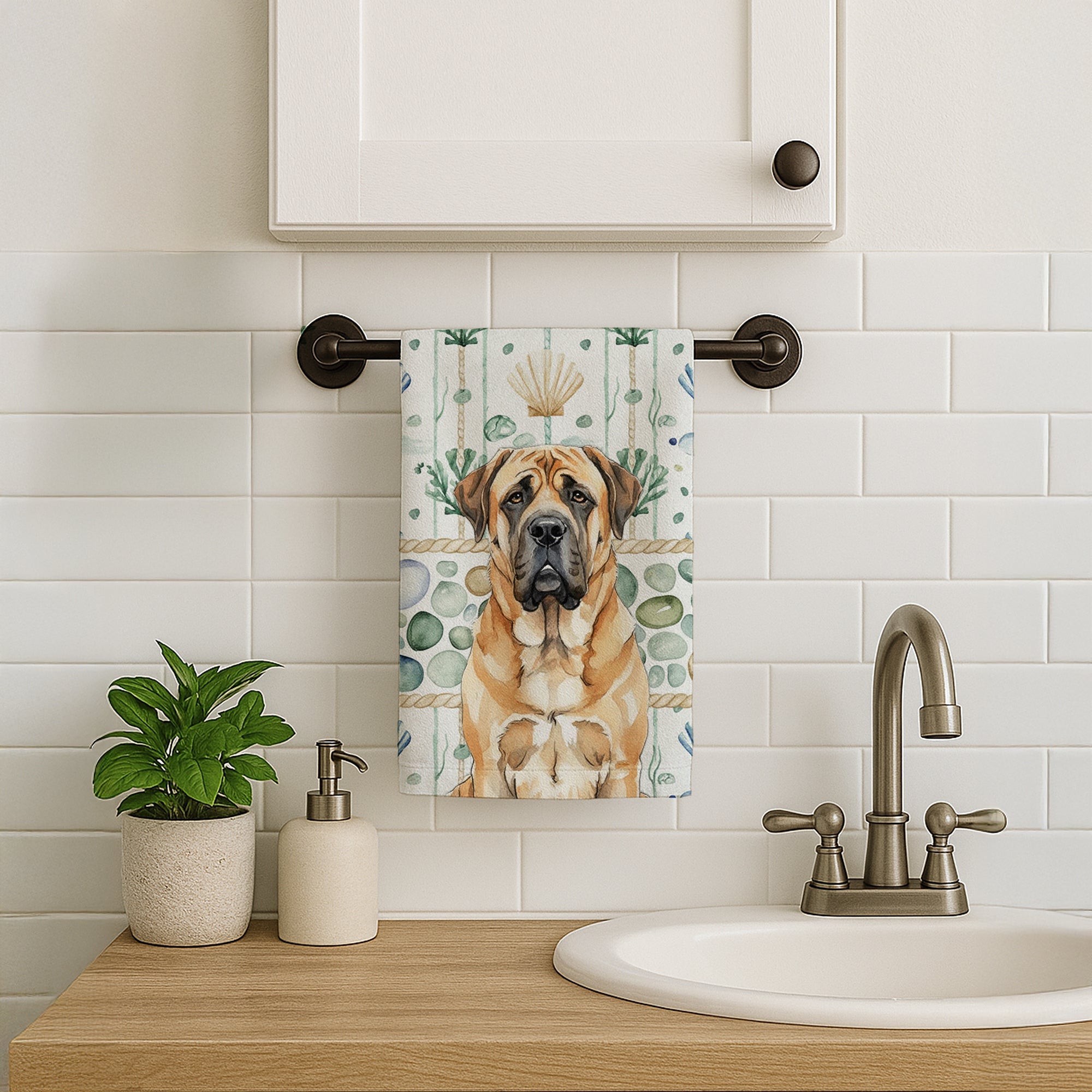 Apricot English Mastiff Coastal Sea Glass Kitchen Towel Velour Plush Front and Cotton Loop Back Machine Washable