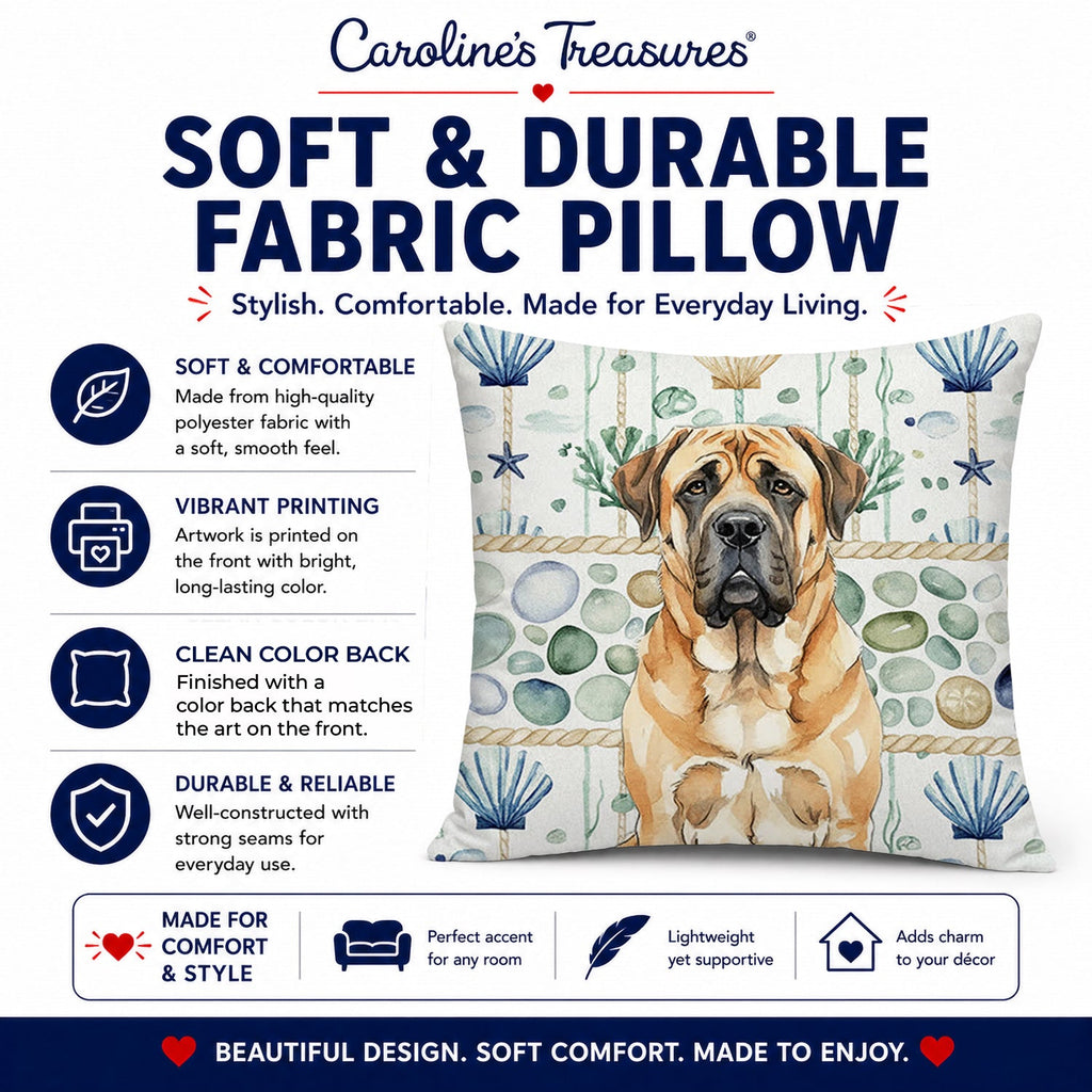 Apricot English Mastiff Coastal Sea Glass Decorative Throw Pillow 14x14 Indoor Outdoor Accent Cushion, Fabric Cover with Insert for Sofa, Bed, Porch & Living Room