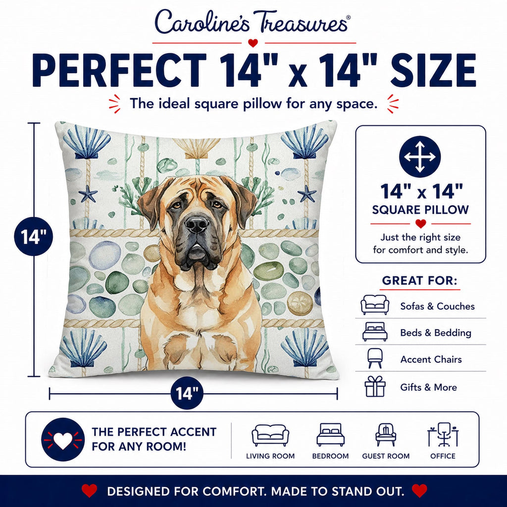 Apricot English Mastiff Coastal Sea Glass Decorative Throw Pillow 14x14 Indoor Outdoor Accent Cushion, Fabric Cover with Insert for Sofa, Bed, Porch & Living Room