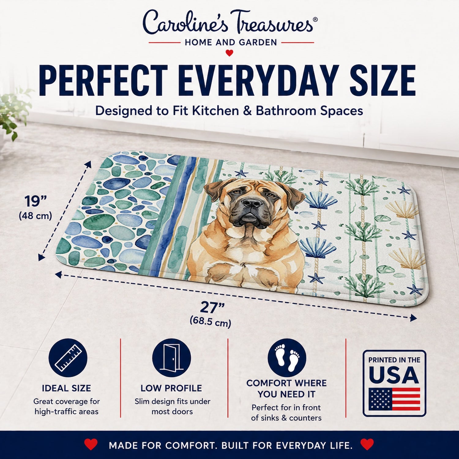 Apricot English Mastiff Coastal Sea Glass Memory Foam Kitchen Mat Machine Washable Anti-Fatigue Cushion Comfort Bath or Kitchen Rug