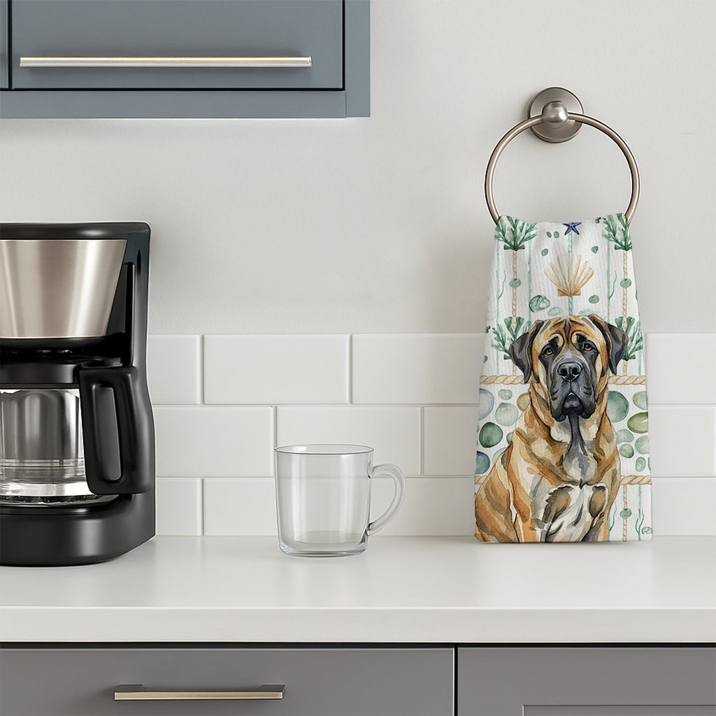 Brindle English Mastiff Coastal Sea Glass Kitchen Towel Velour Plush Front and Cotton Loop Back Machine Washable