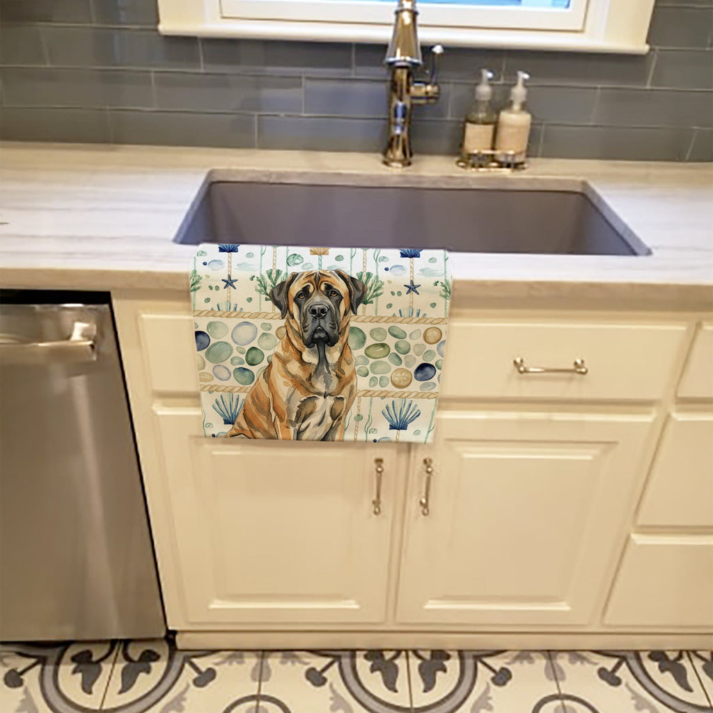 Brindle English Mastiff Coastal Sea Glass Kitchen Towel Velour Plush Front and Cotton Loop Back Machine Washable