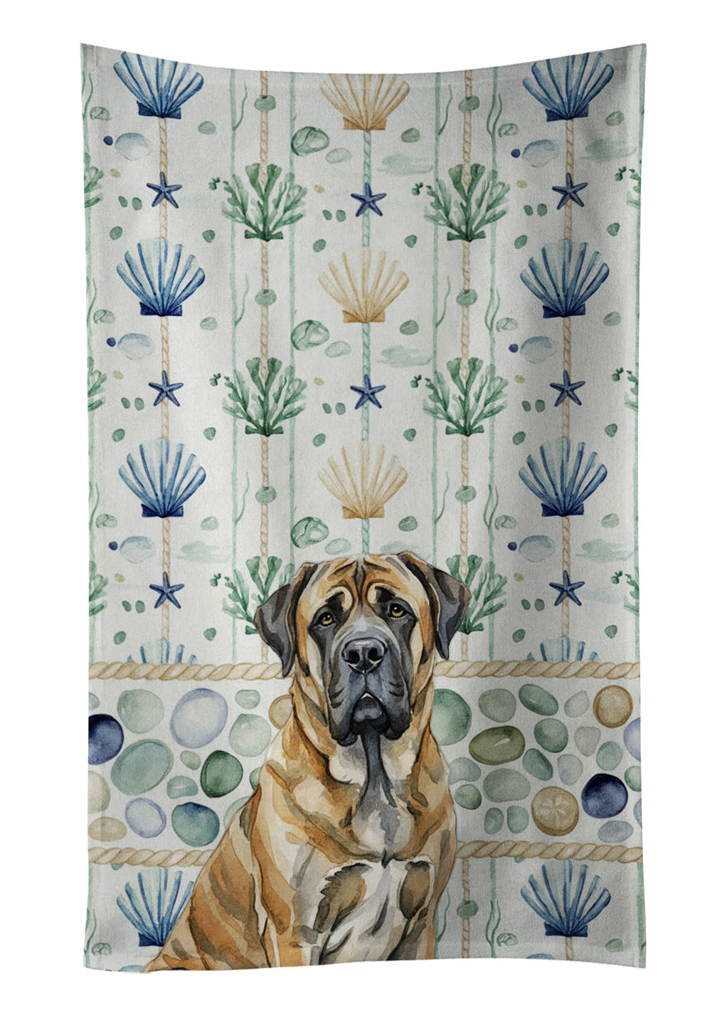 Brindle English Mastiff Coastal Sea Glass Kitchen Towel Velour Plush Front and Cotton Loop Back Machine Washable