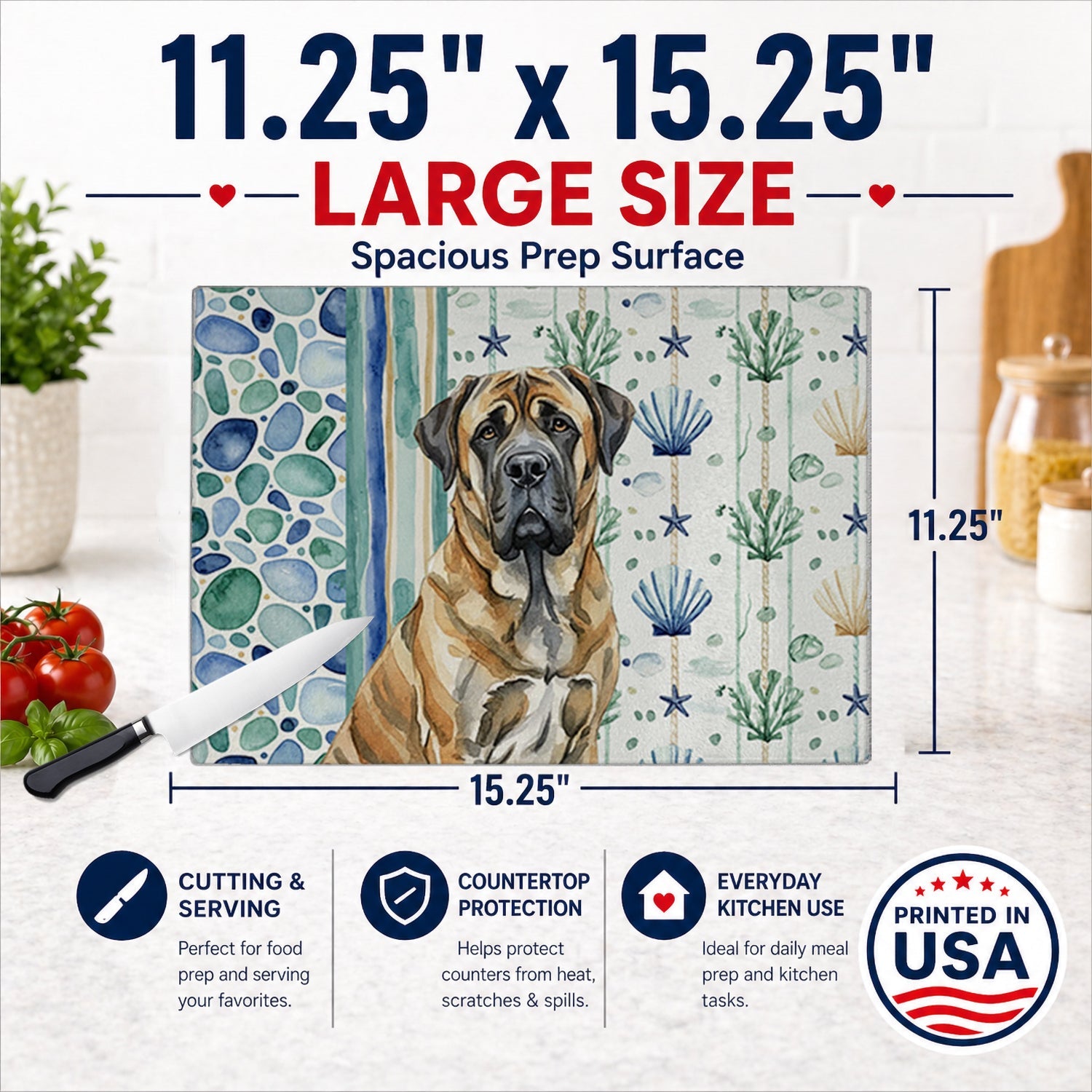 Brindle English Mastiff Coastal Sea Glass Cutting Board Tempered Glass Kitchen Cutting Surface, Heat Resistant Chopping, Non-Slip Feet, Food Prep & Serving