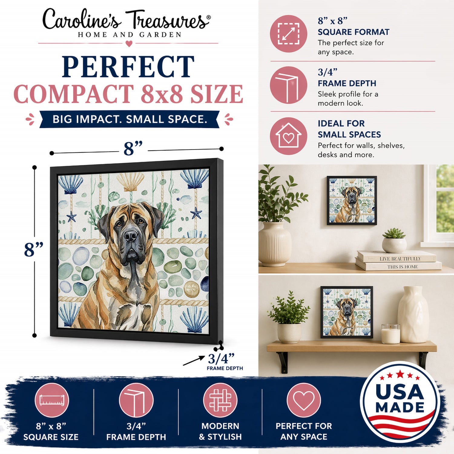 Brindle English Mastiff Coastal Sea Glass Framed Metal Print Bathroom, Kitchen, Office, Home Decor Wall Art Ready to Hang, Square, 8X8