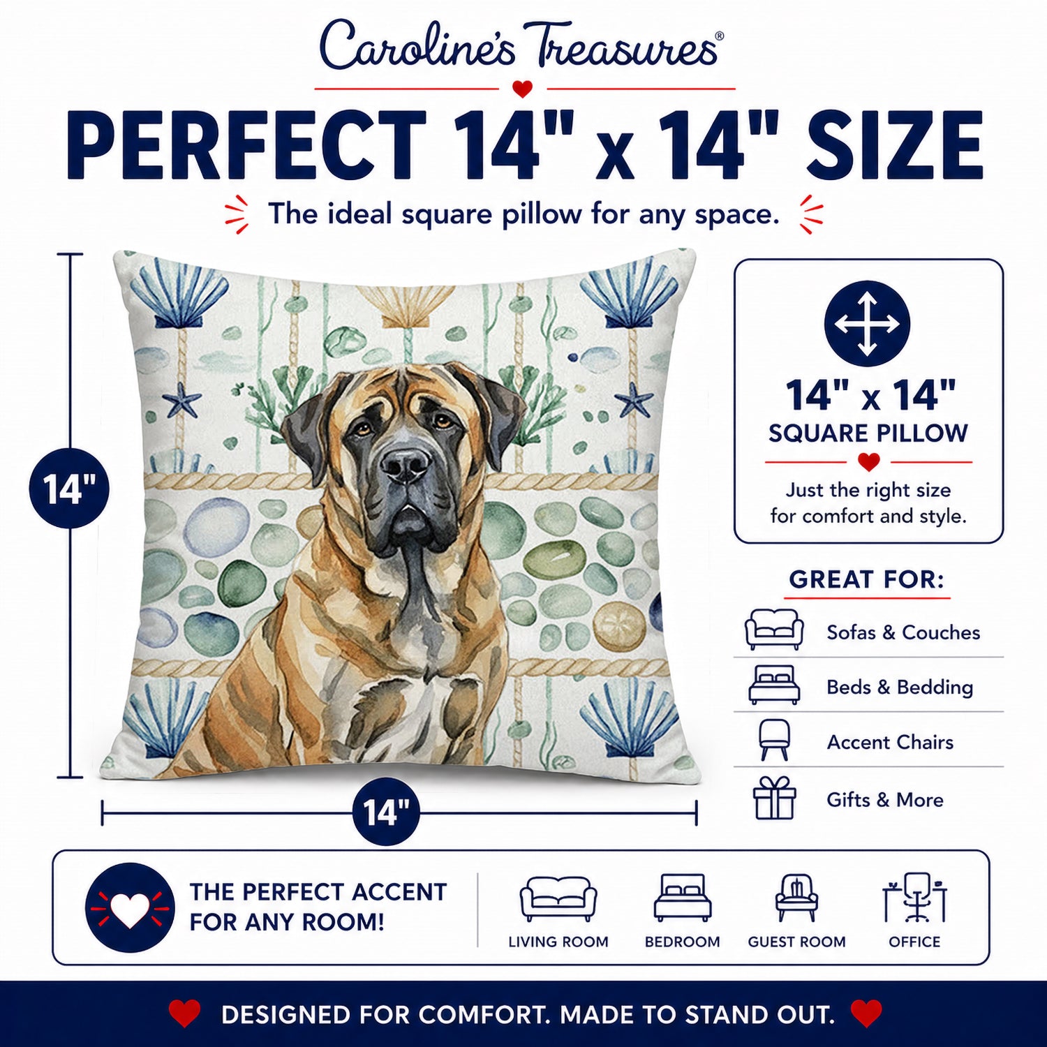Brindle English Mastiff Coastal Sea Glass Decorative Throw Pillow 14x14 Indoor Outdoor Accent Cushion, Fabric Cover with Insert for Sofa, Bed, Porch & Living Room