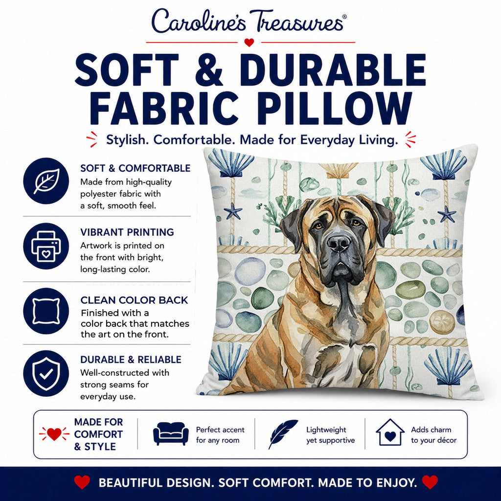 Brindle English Mastiff Coastal Sea Glass Decorative Throw Pillow 18x18 Indoor Outdoor Accent Cushion, Fabric Cover with Insert for Sofa, Bed, Porch & Living Room