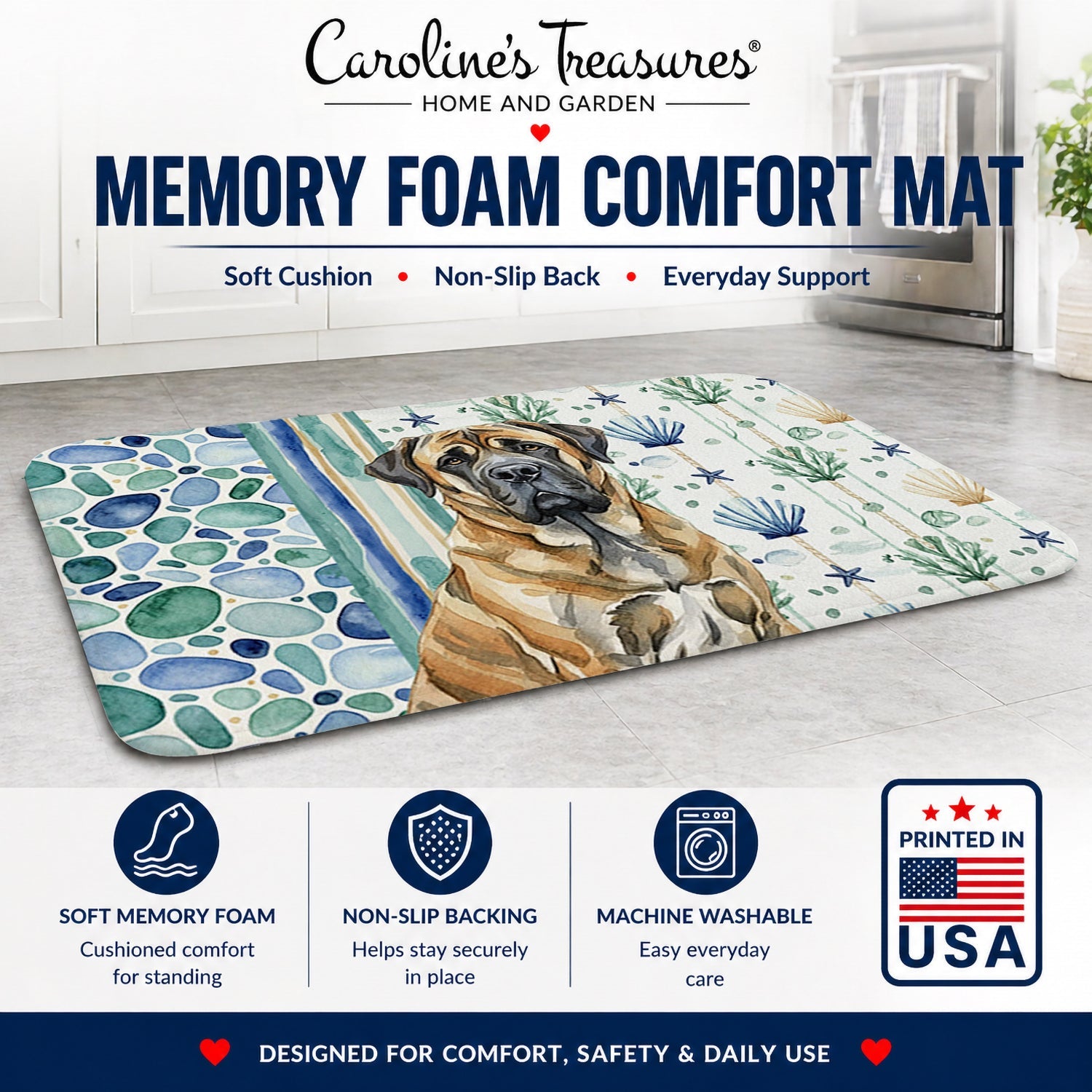 Brindle English Mastiff Coastal Sea Glass Memory Foam Kitchen Mat Machine Washable Anti-Fatigue Cushion Comfort Bath or Kitchen Rug
