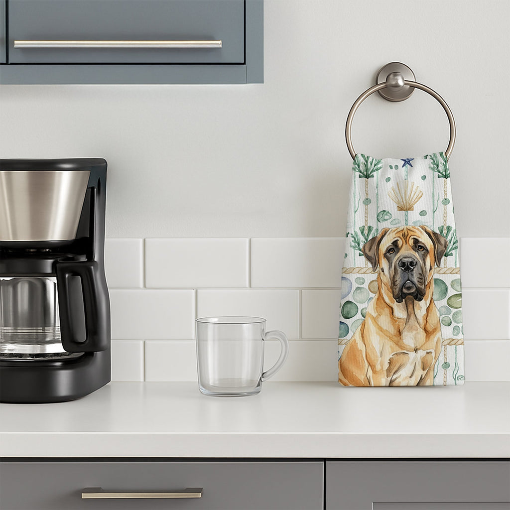 Fawn English Mastiff Coastal Sea Glass Kitchen Towel Velour Plush Front and Cotton Loop Back Machine Washable