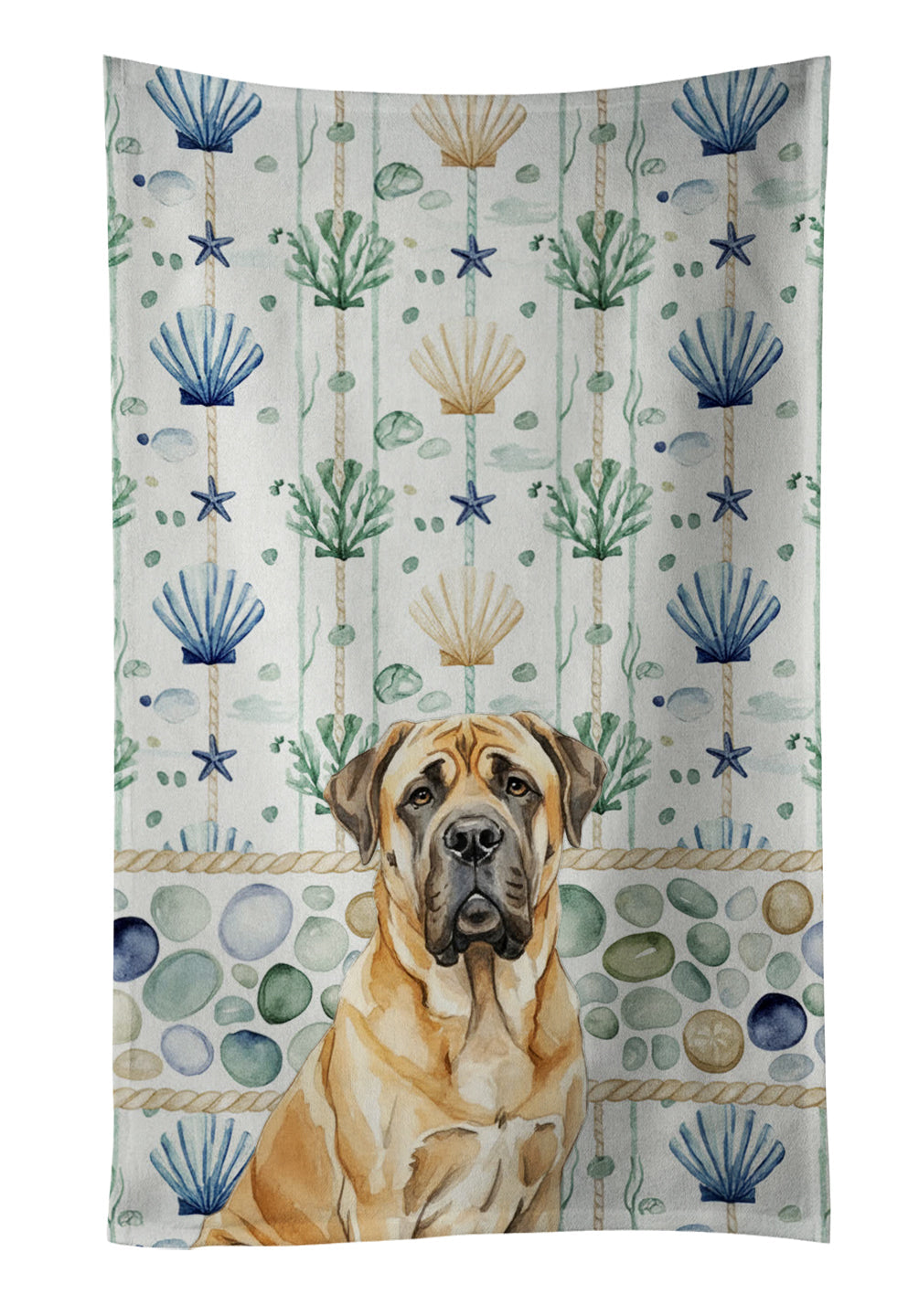 Fawn English Mastiff Coastal Sea Glass Kitchen Towel Velour Plush Front and Cotton Loop Back Machine Washable