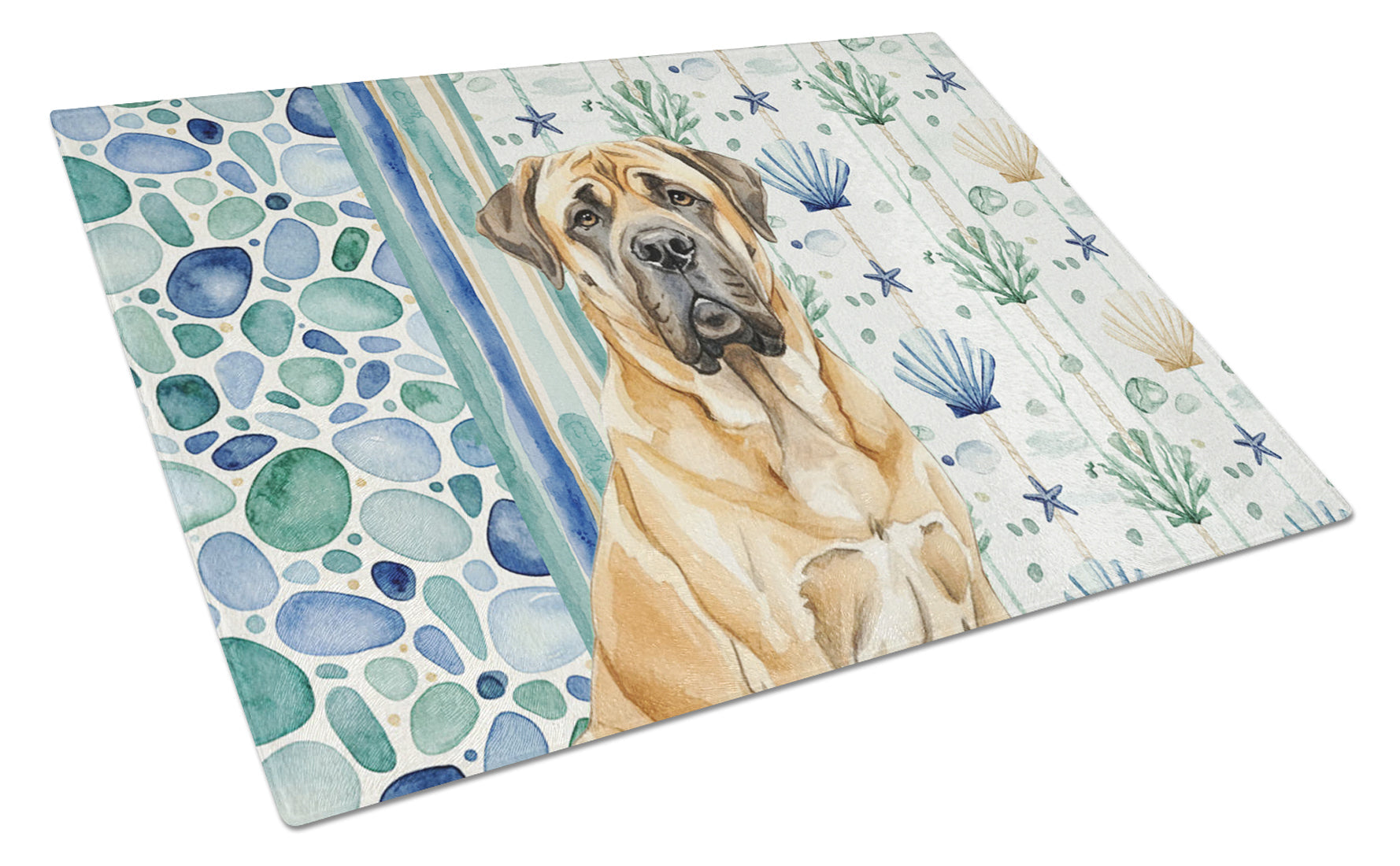 Fawn English Mastiff Coastal Sea Glass Cutting Board Tempered Glass Kitchen Cutting Surface, Heat Resistant Chopping, Non-Slip Feet, Food Prep & Serving