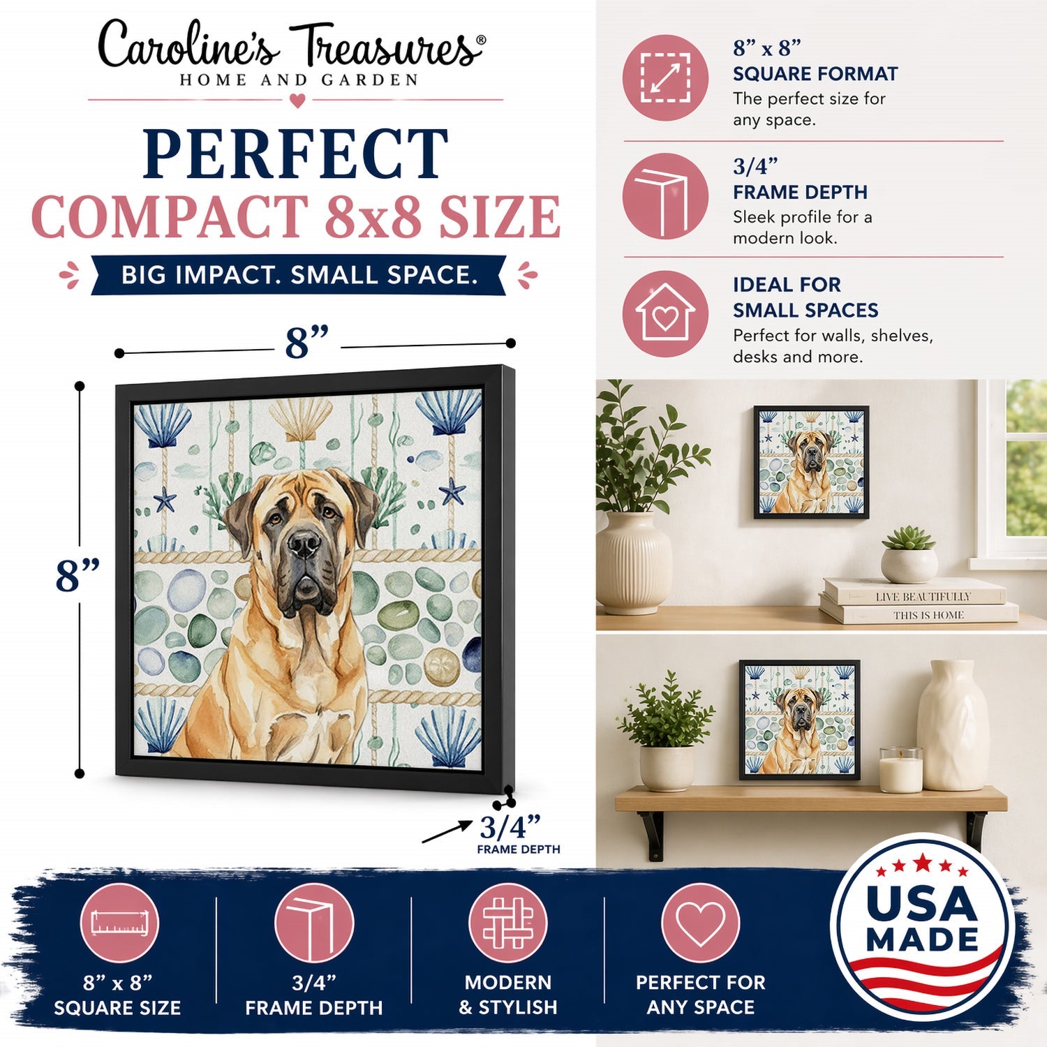 Fawn English Mastiff Coastal Sea Glass Framed Metal Print Bathroom, Kitchen, Office, Home Decor Wall Art Ready to Hang, Square, 8X8