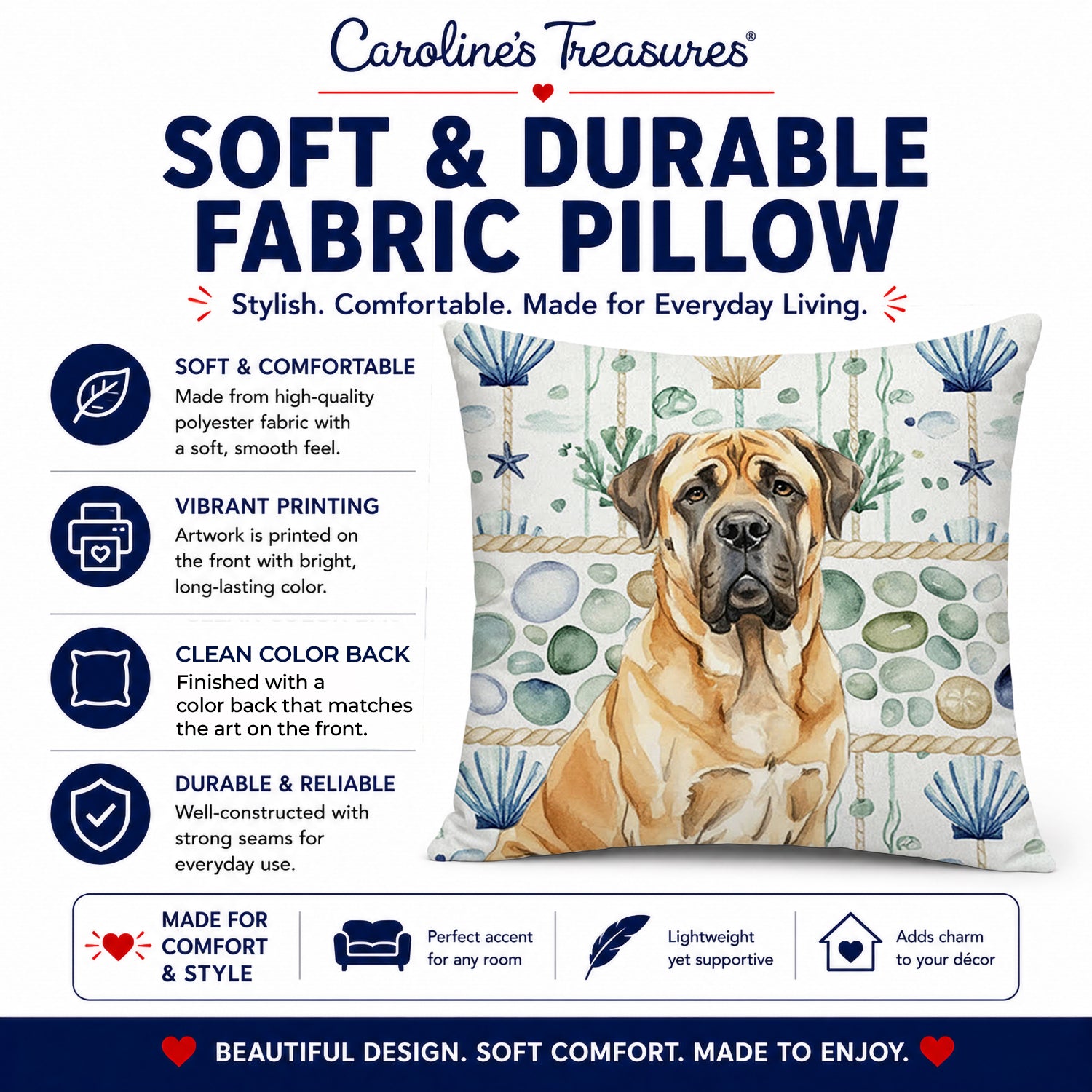 Fawn English Mastiff Coastal Sea Glass Decorative Throw Pillow 18x18 Indoor Outdoor Accent Cushion, Fabric Cover with Insert for Sofa, Bed, Porch & Living Room