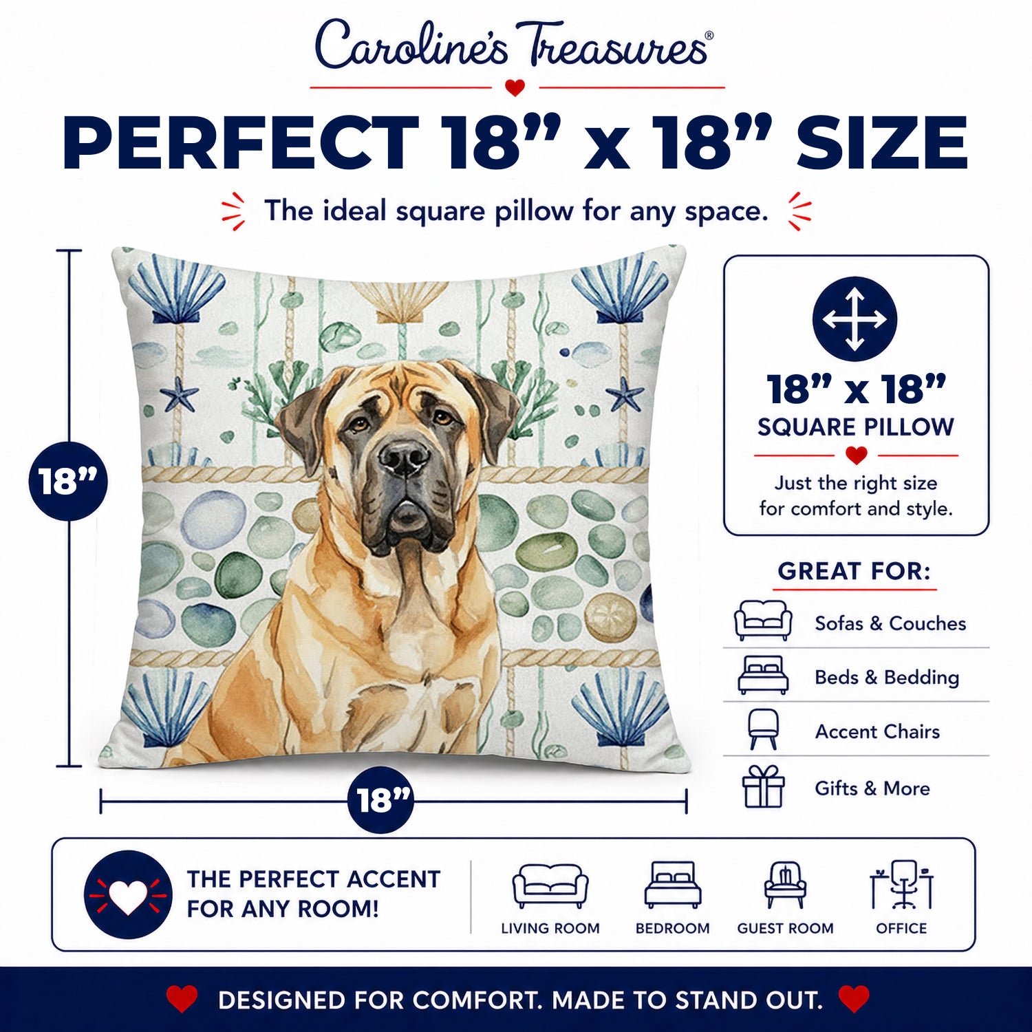 Fawn English Mastiff Coastal Sea Glass Decorative Throw Pillow 18x18 Indoor Outdoor Accent Cushion, Fabric Cover with Insert for Sofa, Bed, Porch & Living Room