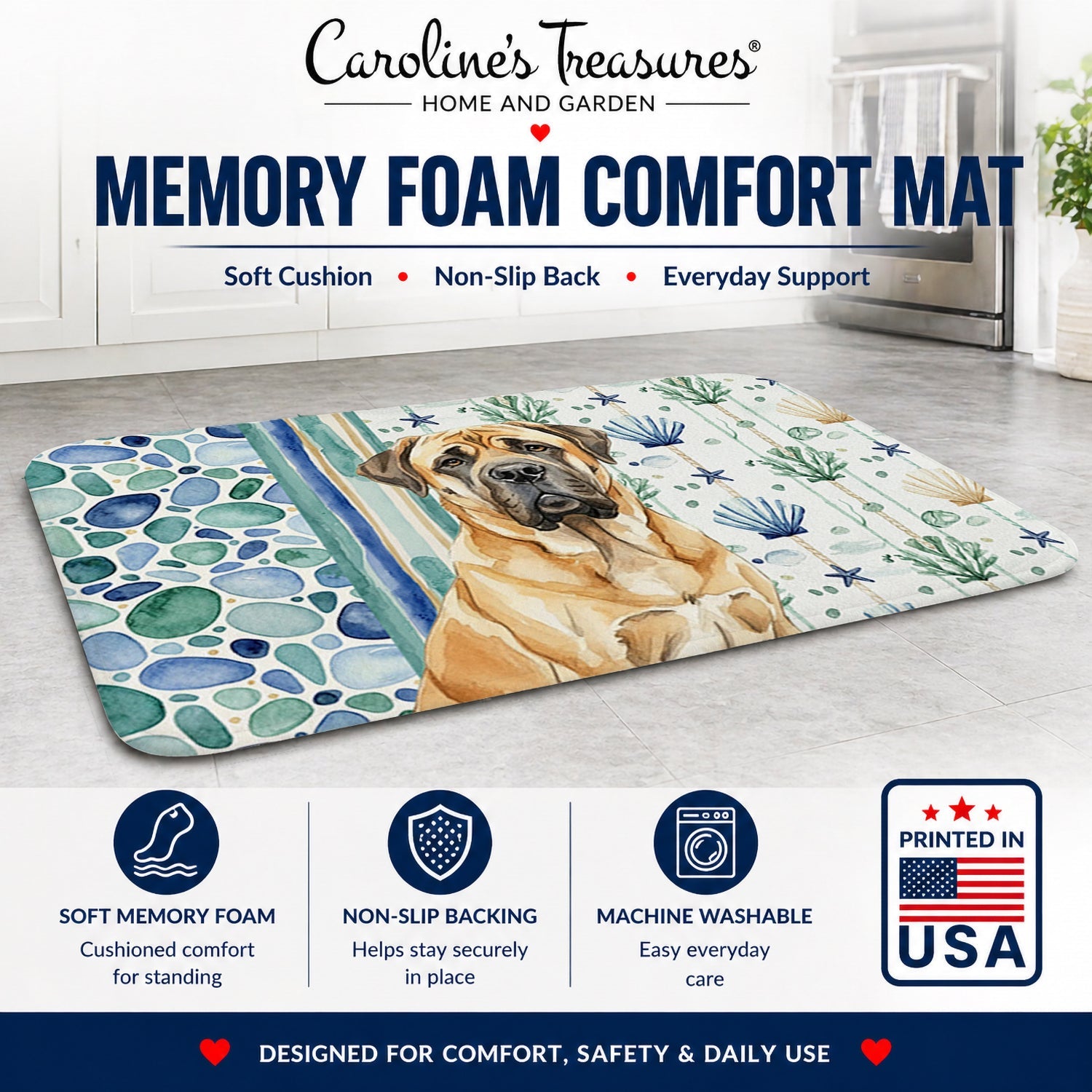 Fawn English Mastiff Coastal Sea Glass Memory Foam Kitchen Mat Machine Washable Anti-Fatigue Cushion Comfort Bath or Kitchen Rug