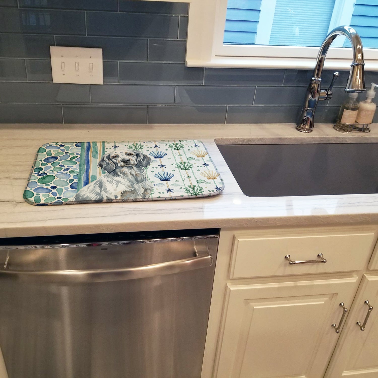 Blue Belton English Setter Coastal Sea Glass Dish Drying Mat Absorbent Dish Drying Mat Pad for Kitchen Counter Dish Drainer Mat for Countertop, 14 x 21", Multicolor