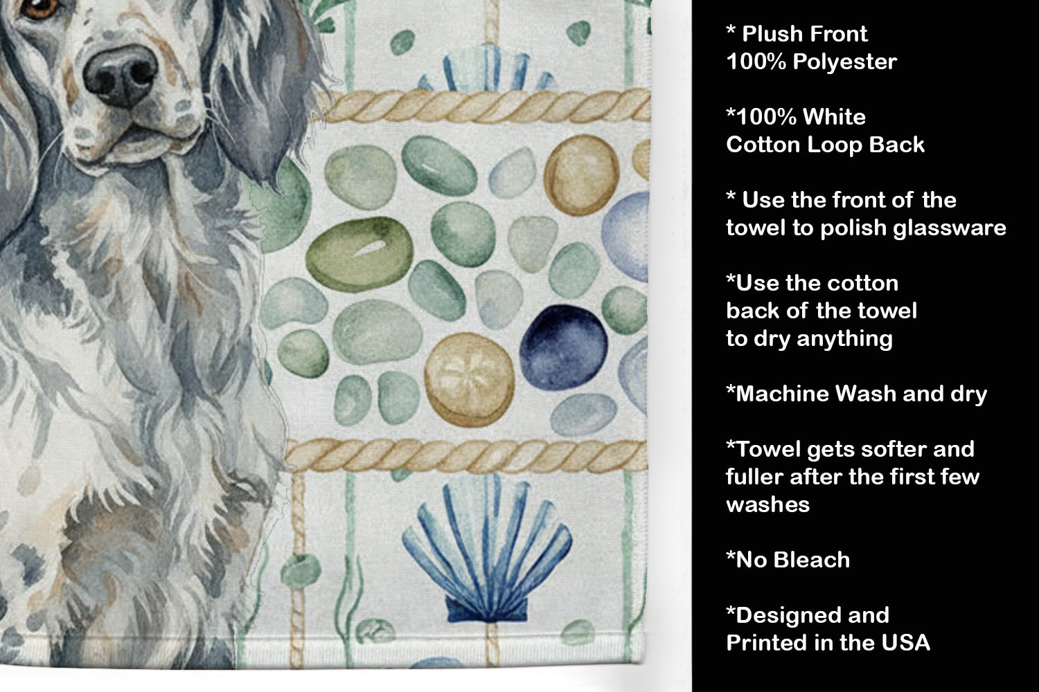 Blue Belton English Setter Coastal Sea Glass Kitchen Towel Velour Plush Front and Cotton Loop Back Machine Washable