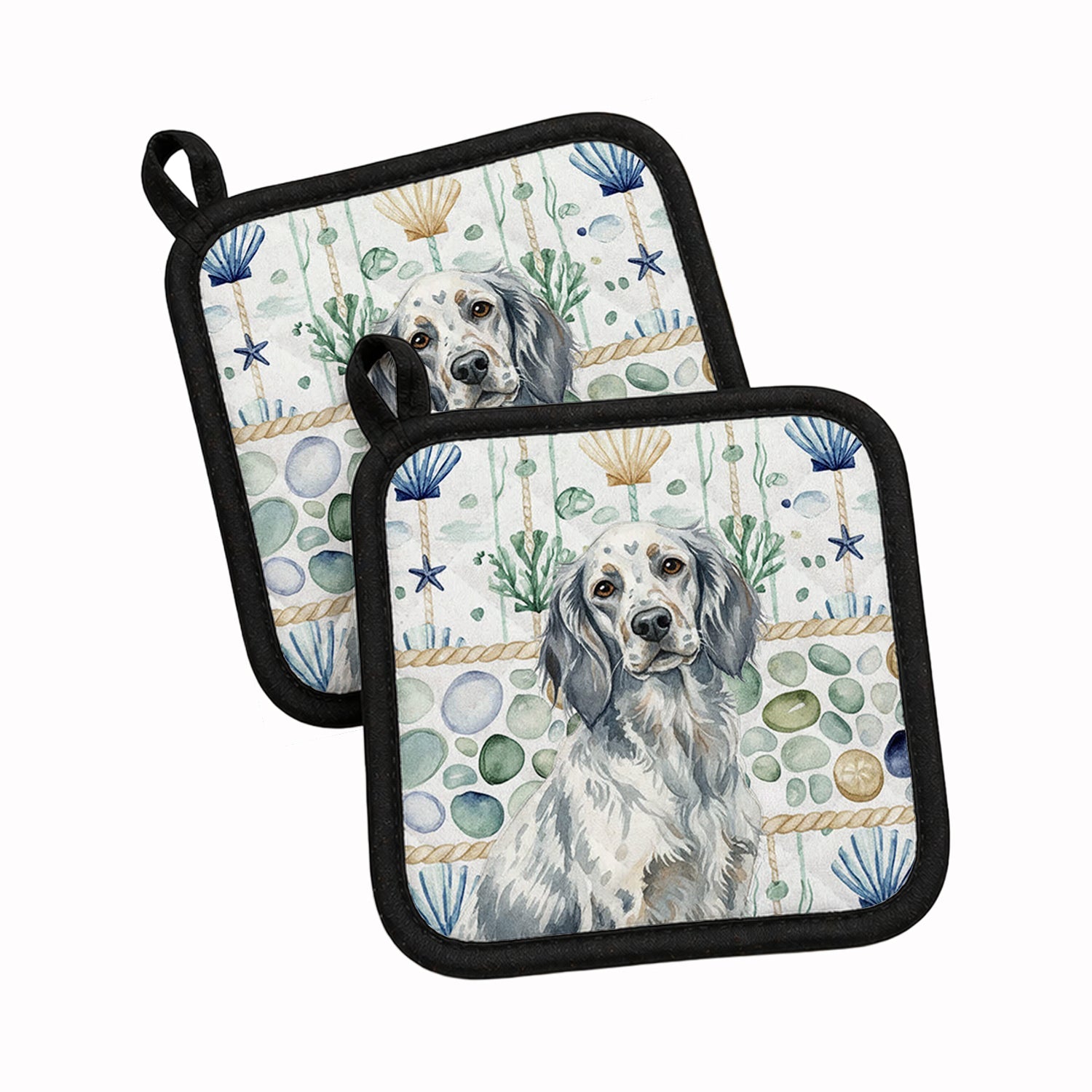 Blue Belton English Setter Coastal Sea Glass Pot Holder Set of 2 Heat Resistant Quilted Hot Pads 7.5 x 7.5 Inch, Insulated Kitchen Trivets for Cooking & Baking