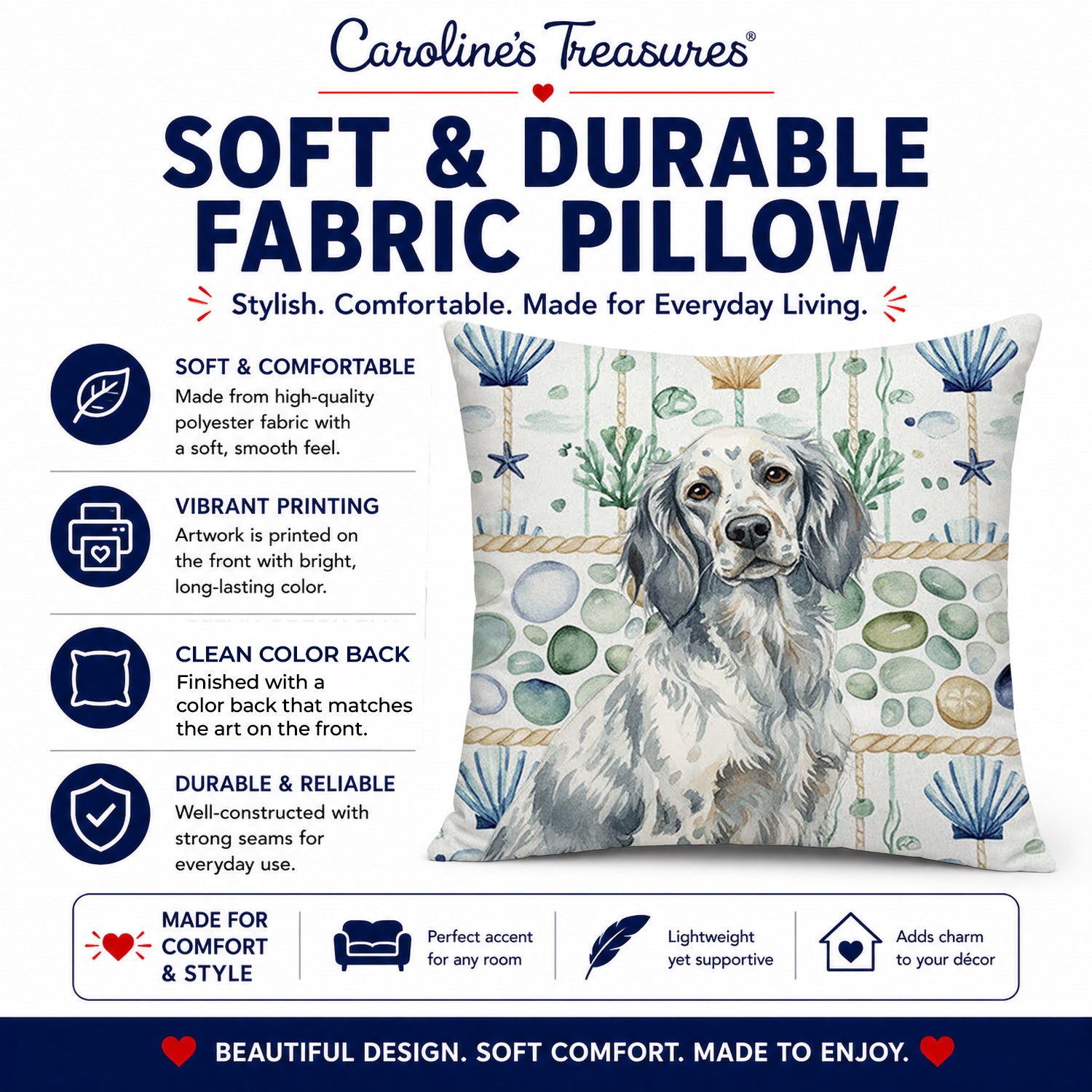 Blue Belton English Setter Coastal Sea Glass Decorative Throw Pillow 14x14 Indoor Outdoor Accent Cushion, Fabric Cover with Insert for Sofa, Bed, Porch & Living Room