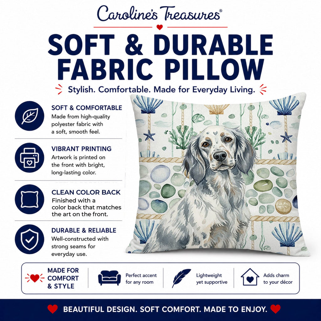 Blue Belton English Setter Coastal Sea Glass Decorative Throw Pillow 18x18 Indoor Outdoor Accent Cushion, Fabric Cover with Insert for Sofa, Bed, Porch & Living Room