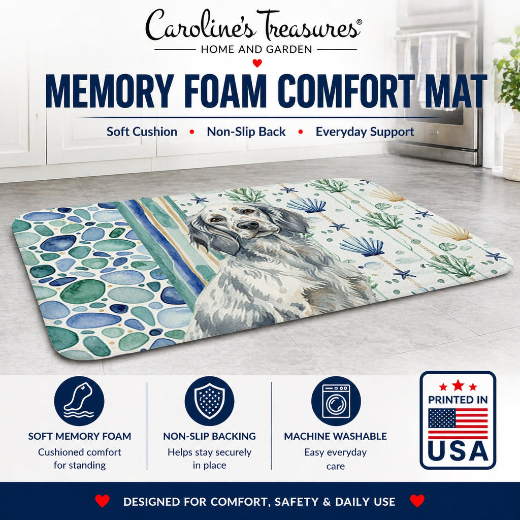 Blue Belton English Setter Coastal Sea Glass Memory Foam Kitchen Mat Machine Washable Anti-Fatigue Cushion Comfort Bath or Kitchen Rug