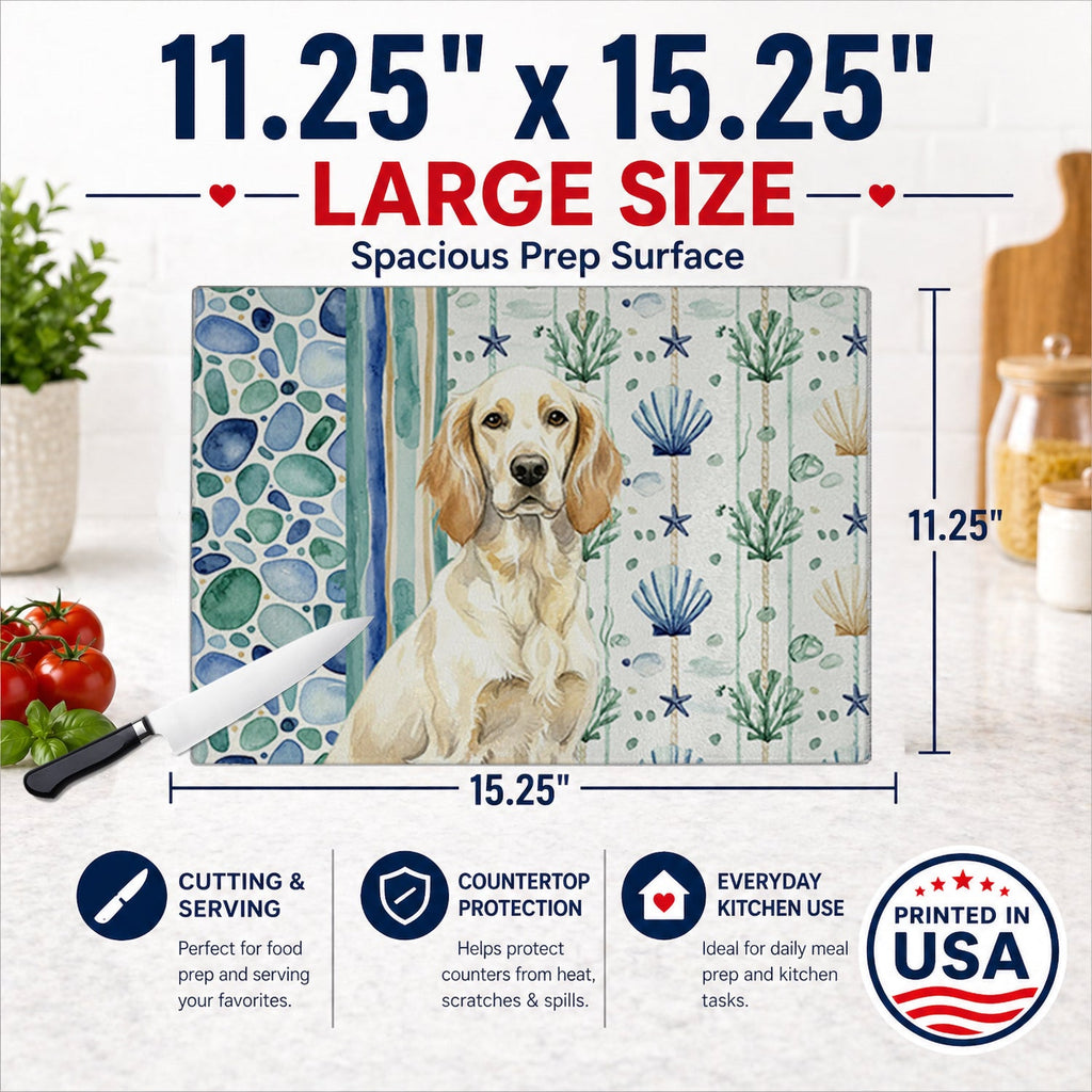 Lemon Belton English Setter Coastal Sea Glass Cutting Board Tempered Glass Kitchen Cutting Surface, Heat Resistant Chopping, Non-Slip Feet, Food Prep & Serving