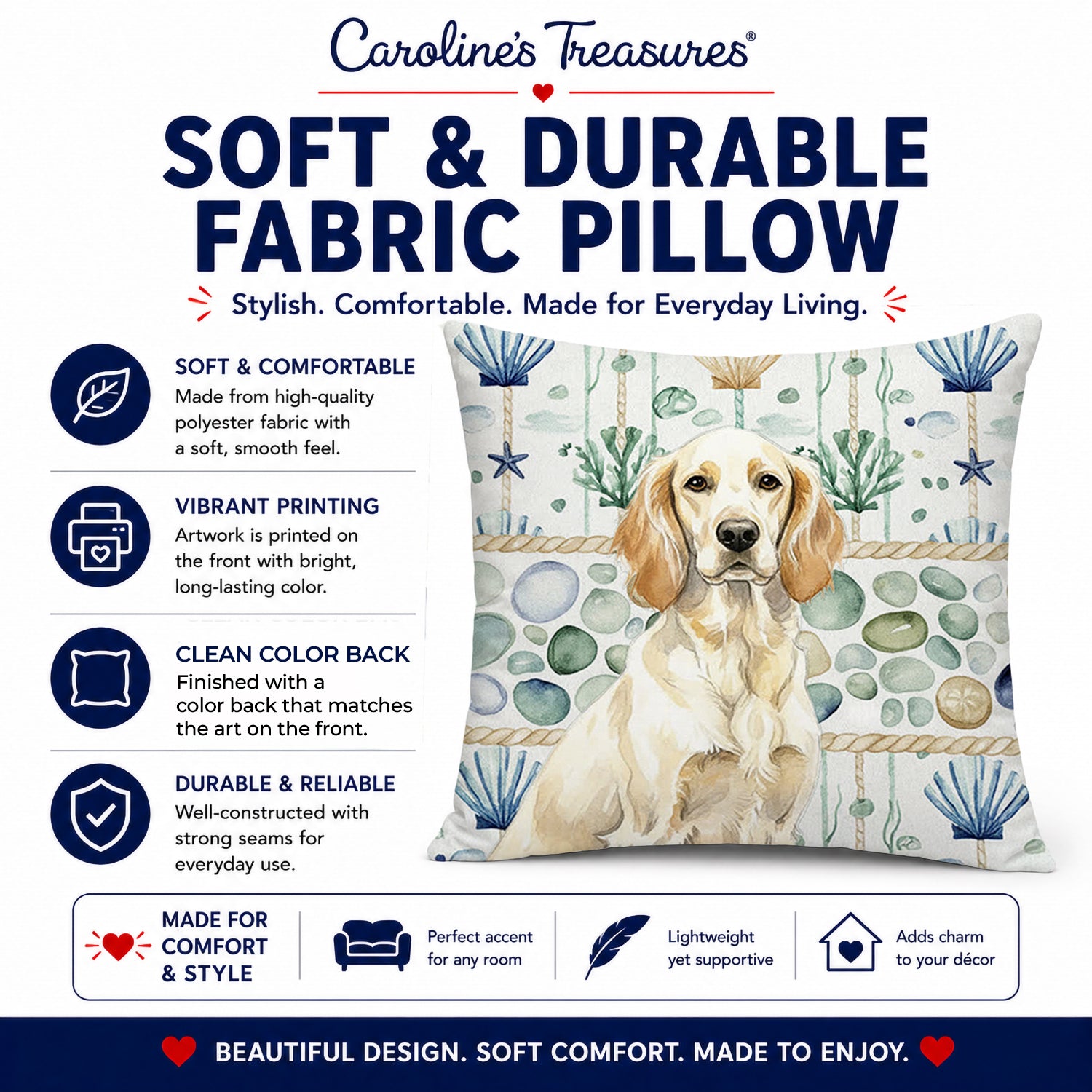 Lemon Belton English Setter Coastal Sea Glass Decorative Throw Pillow 18x18 Indoor Outdoor Accent Cushion, Fabric Cover with Insert for Sofa, Bed, Porch & Living Room