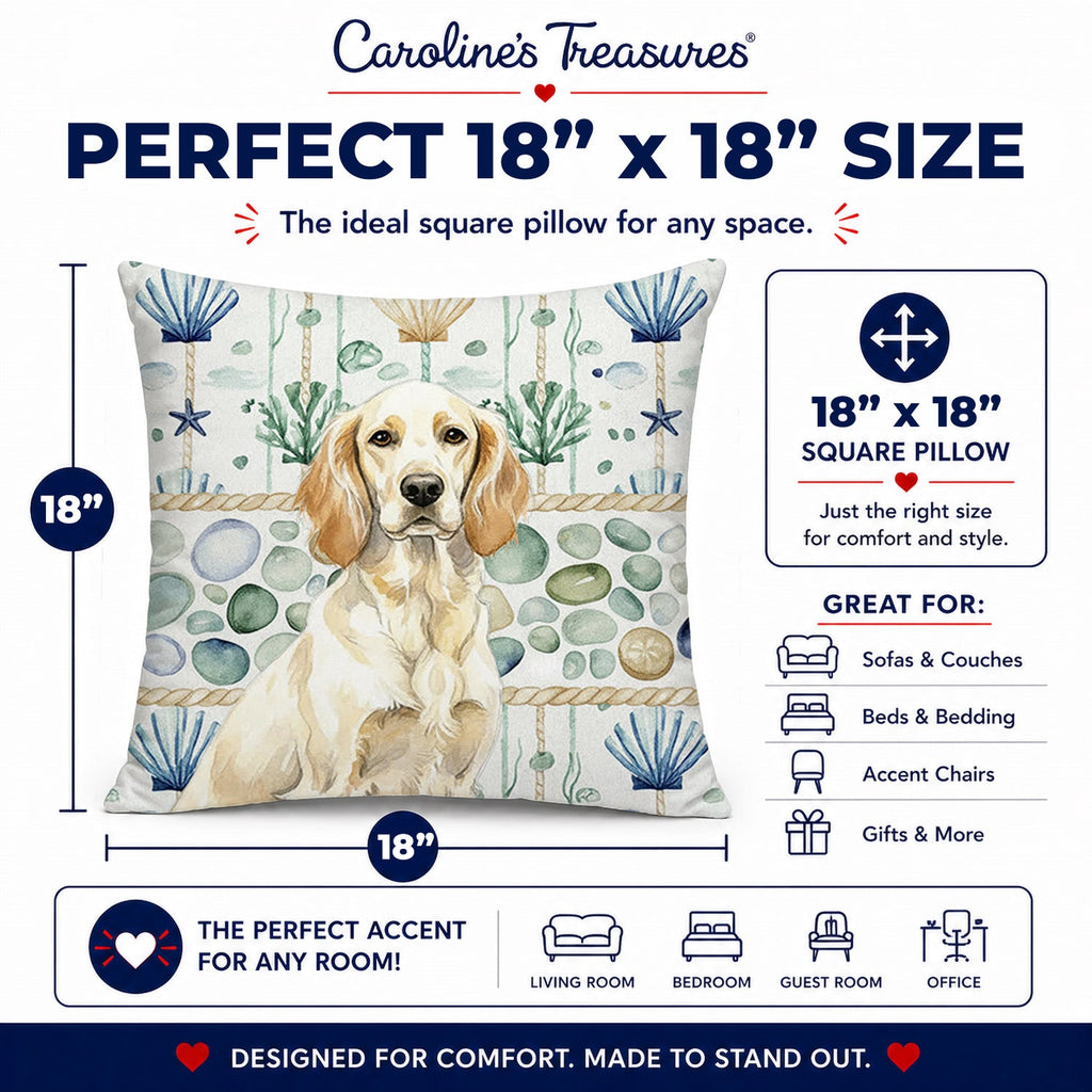 Lemon Belton English Setter Coastal Sea Glass Decorative Throw Pillow 18x18 Indoor Outdoor Accent Cushion, Fabric Cover with Insert for Sofa, Bed, Porch & Living Room