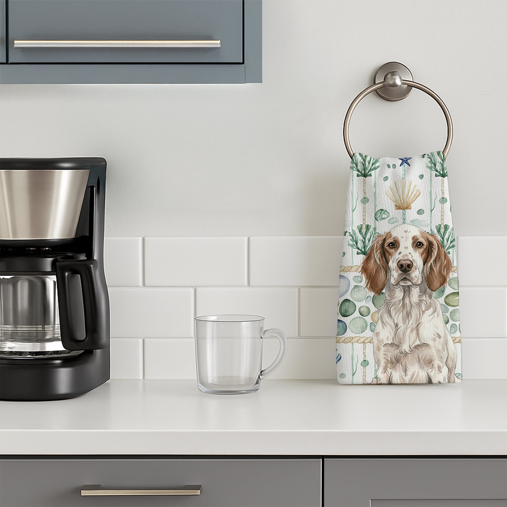 Liver Belton English Setter Coastal Sea Glass Kitchen Towel Velour Plush Front and Cotton Loop Back Machine Washable