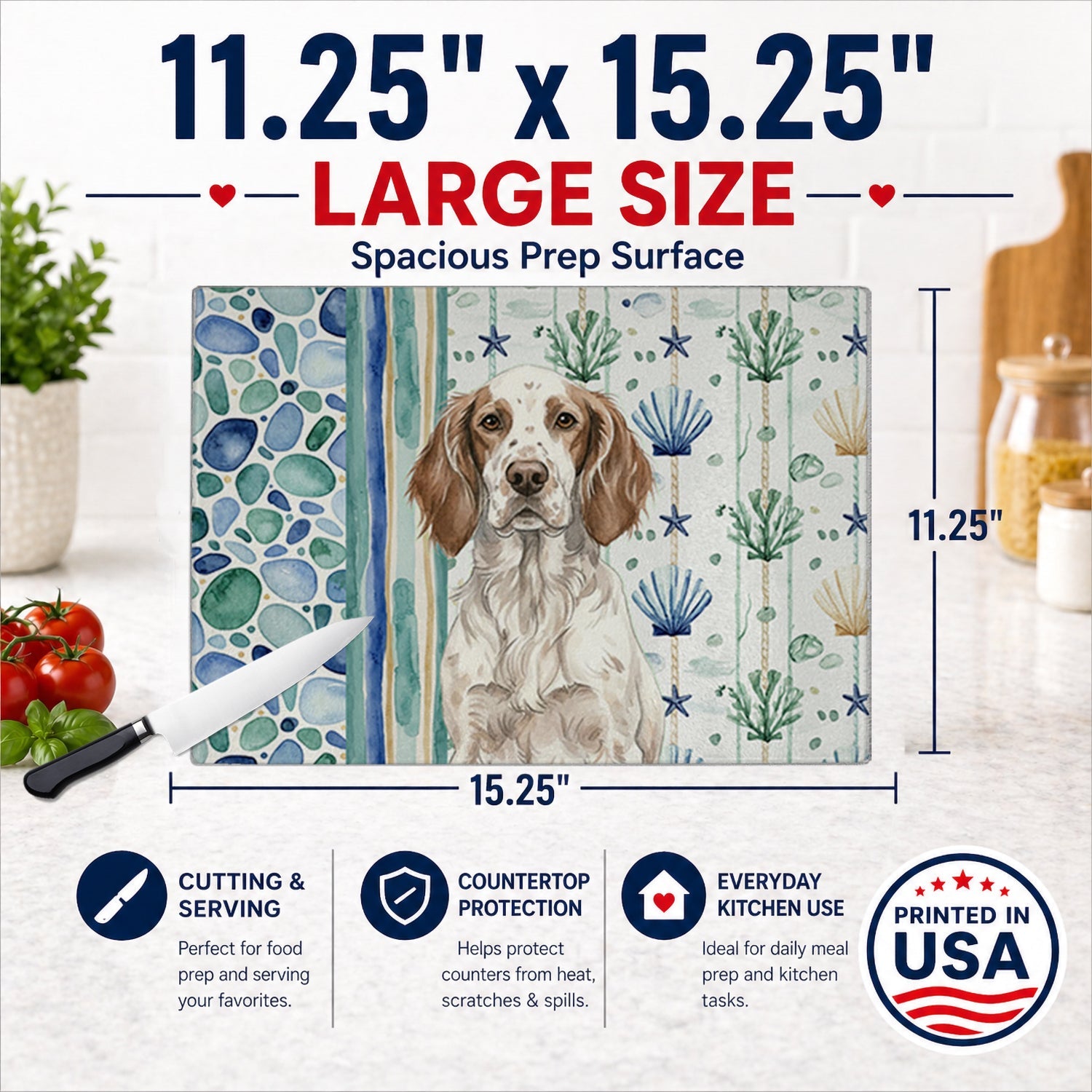 Liver Belton English Setter Coastal Sea Glass Cutting Board Tempered Glass Kitchen Cutting Surface, Heat Resistant Chopping, Non-Slip Feet, Food Prep & Serving