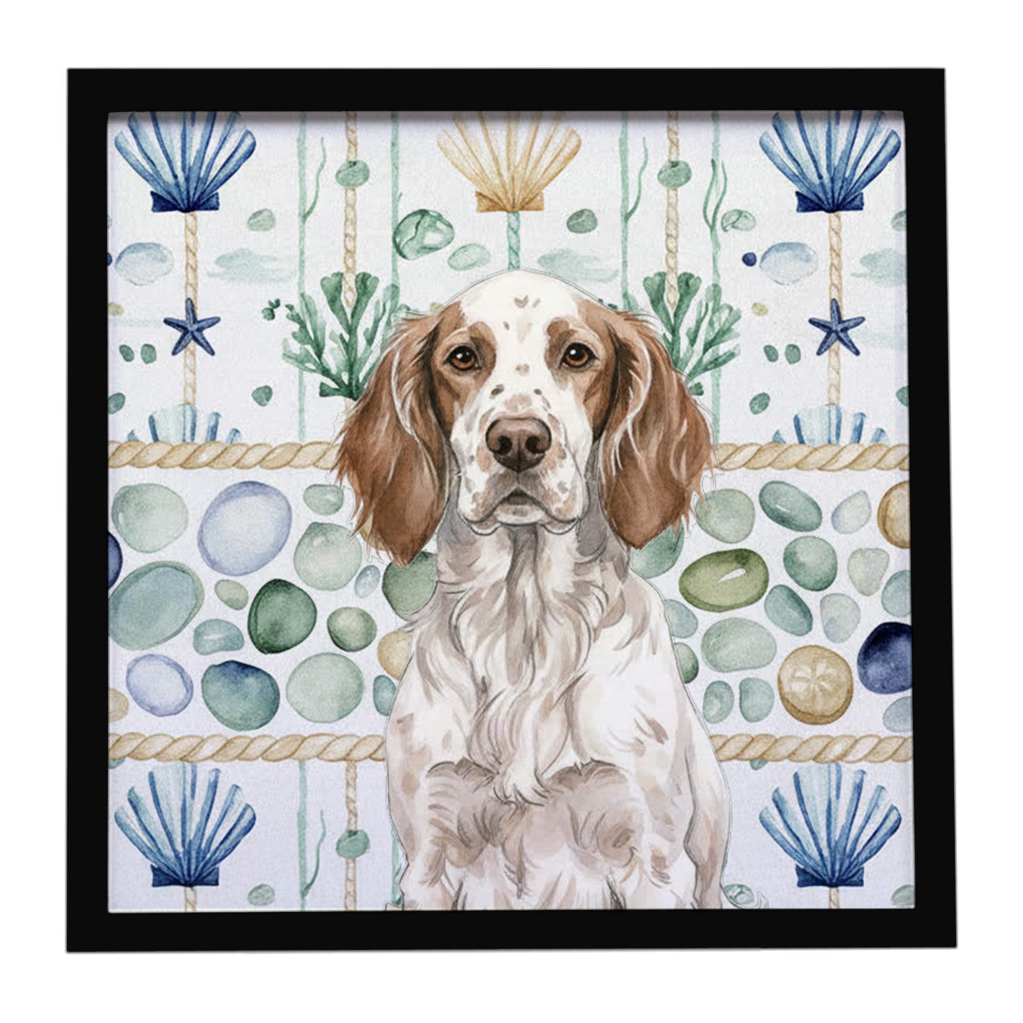 Liver Belton English Setter Coastal Sea Glass Framed Metal Print Bathroom, Kitchen, Office, Home Decor Wall Art Ready to Hang, Square, 8X8
