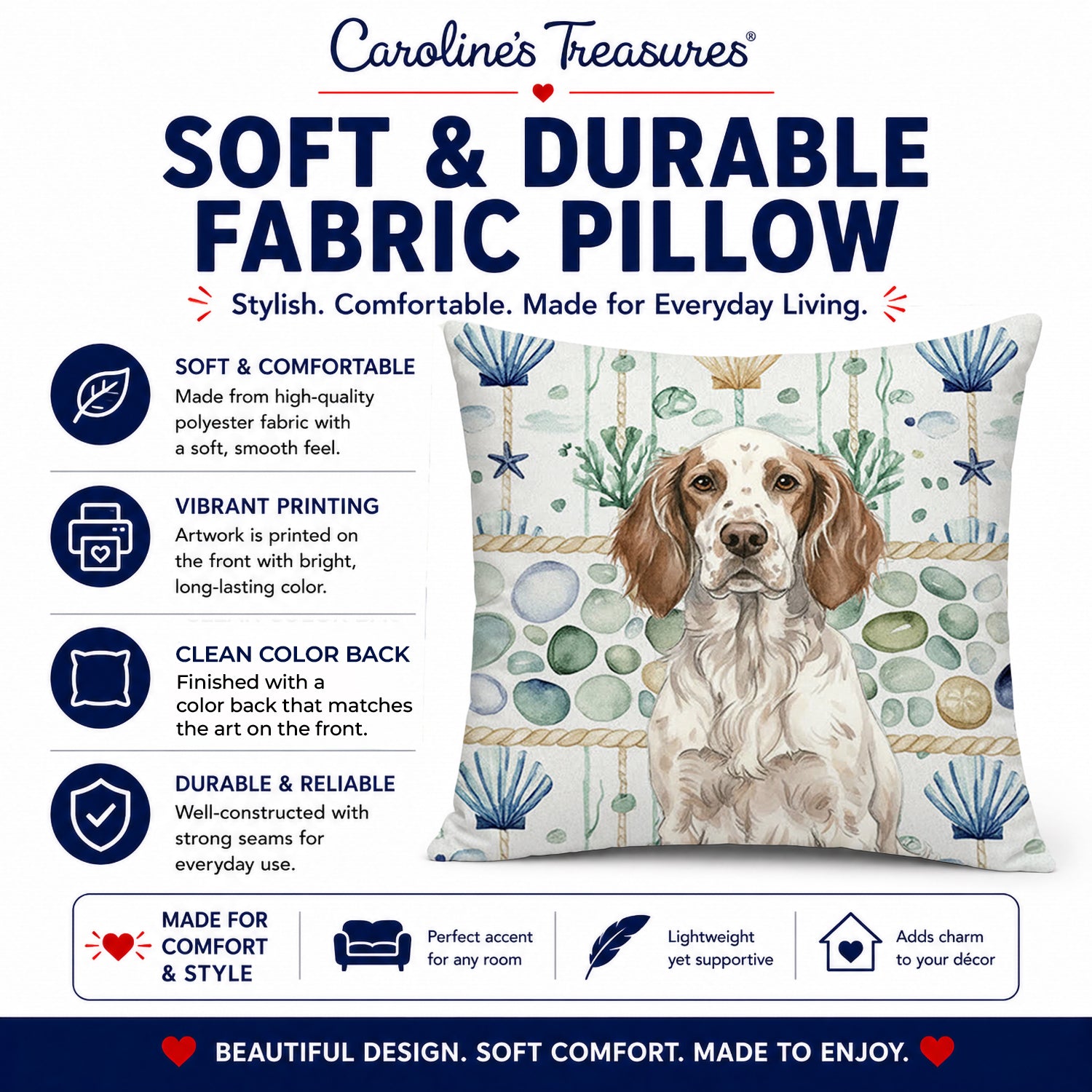 Liver Belton English Setter Coastal Sea Glass Decorative Throw Pillow 14x14 Indoor Outdoor Accent Cushion, Fabric Cover with Insert for Sofa, Bed, Porch & Living Room