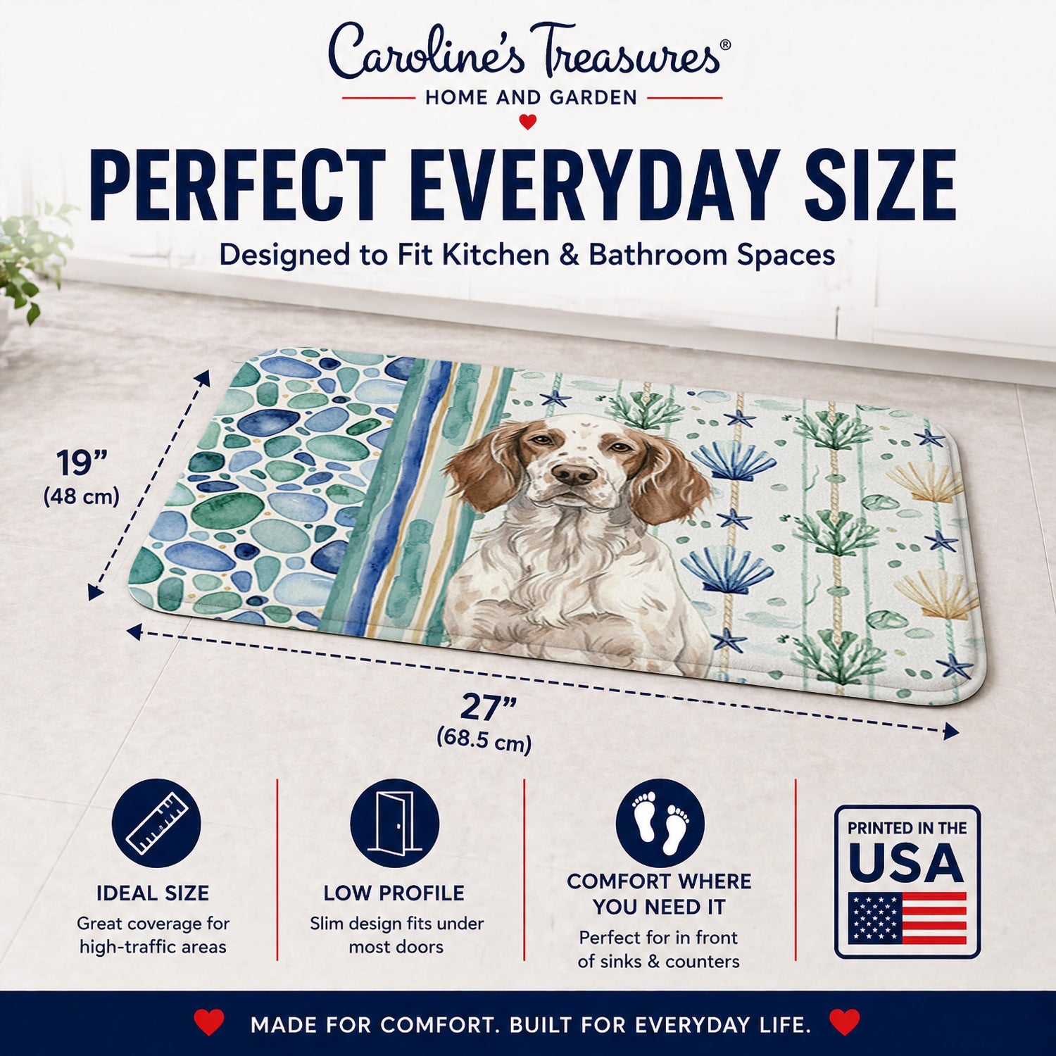 Liver Belton English Setter Coastal Sea Glass Memory Foam Kitchen Mat Machine Washable Anti-Fatigue Cushion Comfort Bath or Kitchen Rug