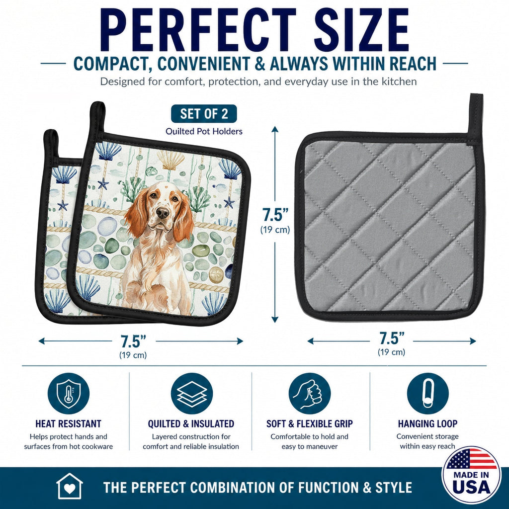 Orange Belton English Setter Coastal Sea Glass Pot Holder Set of 2 Heat Resistant Quilted Hot Pads 7.5 x 7.5 Inch, Insulated Kitchen Trivets for Cooking & Baking